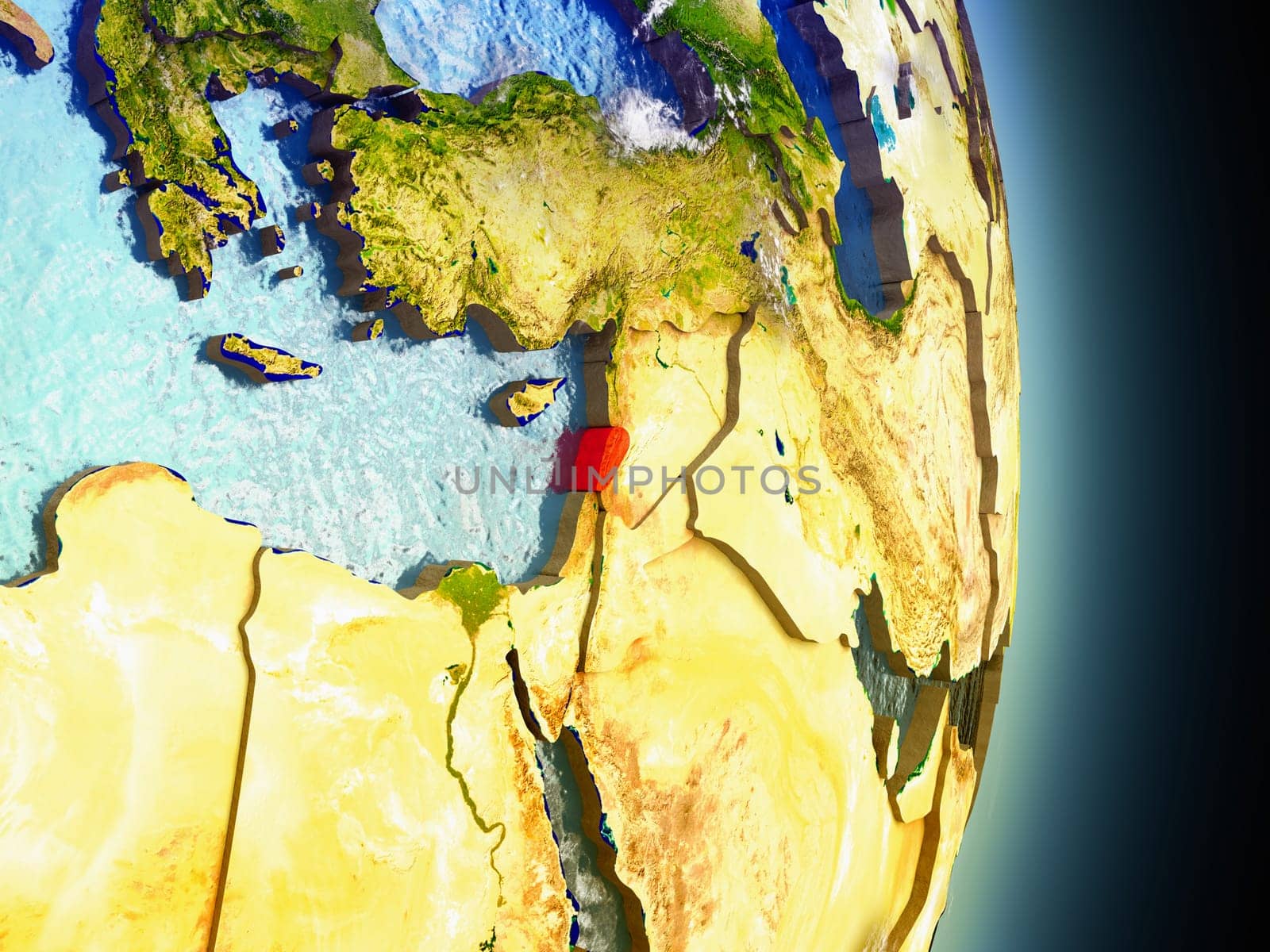 Model of Lebanon from Earth's orbit in space. 3D illustration with highly detailed realistic planet surface and clouds in the atmosphere. Elements of this image furnished by NASA.