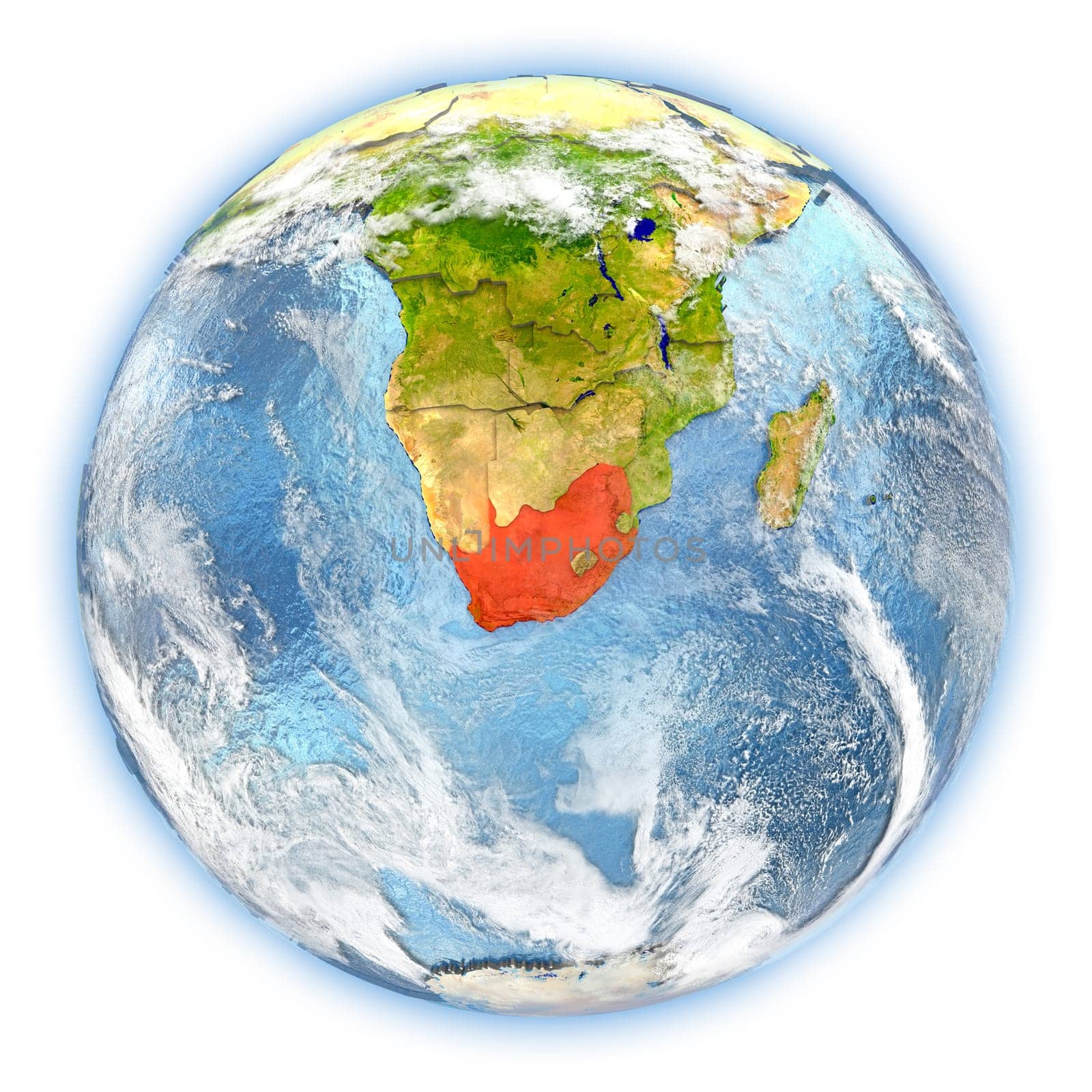 South Africa highlighted in red on planet Earth. 3D illustration isolated on white background. Elements of this image furnished by NASA.