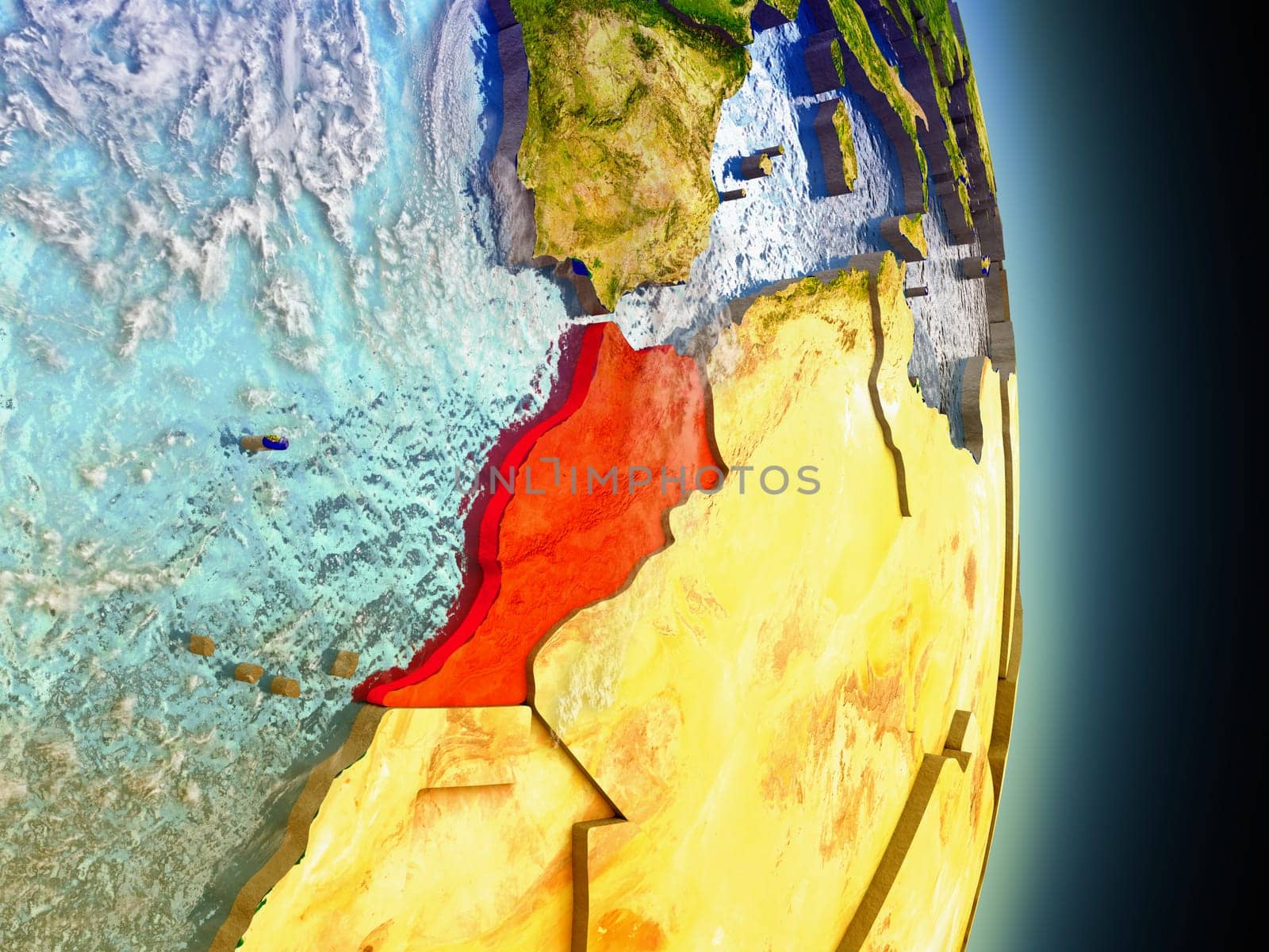 Model of Morocco from Earth's orbit in space. 3D illustration with highly detailed realistic planet surface and clouds in the atmosphere. Elements of this image furnished by NASA.