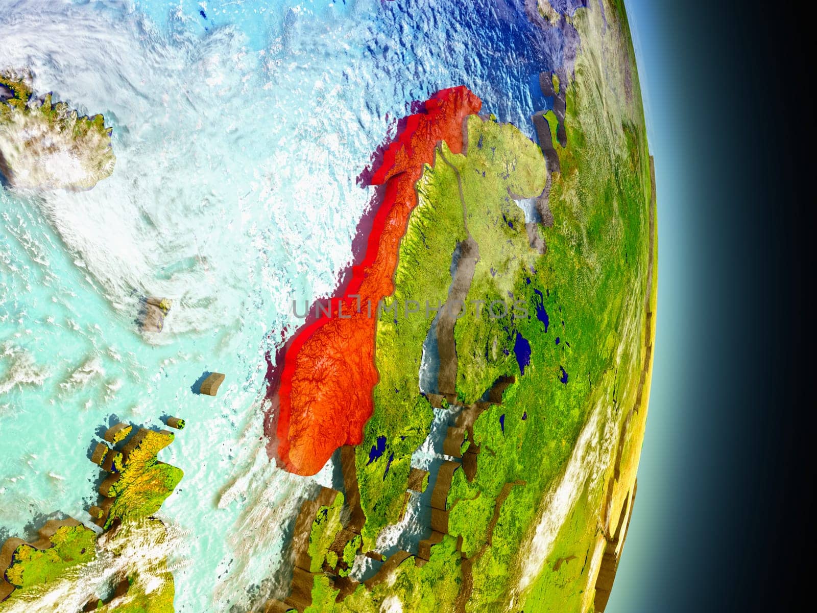 Model of Norway from Earth's orbit in space. 3D illustration with highly detailed realistic planet surface and clouds in the atmosphere. Elements of this image furnished by NASA.