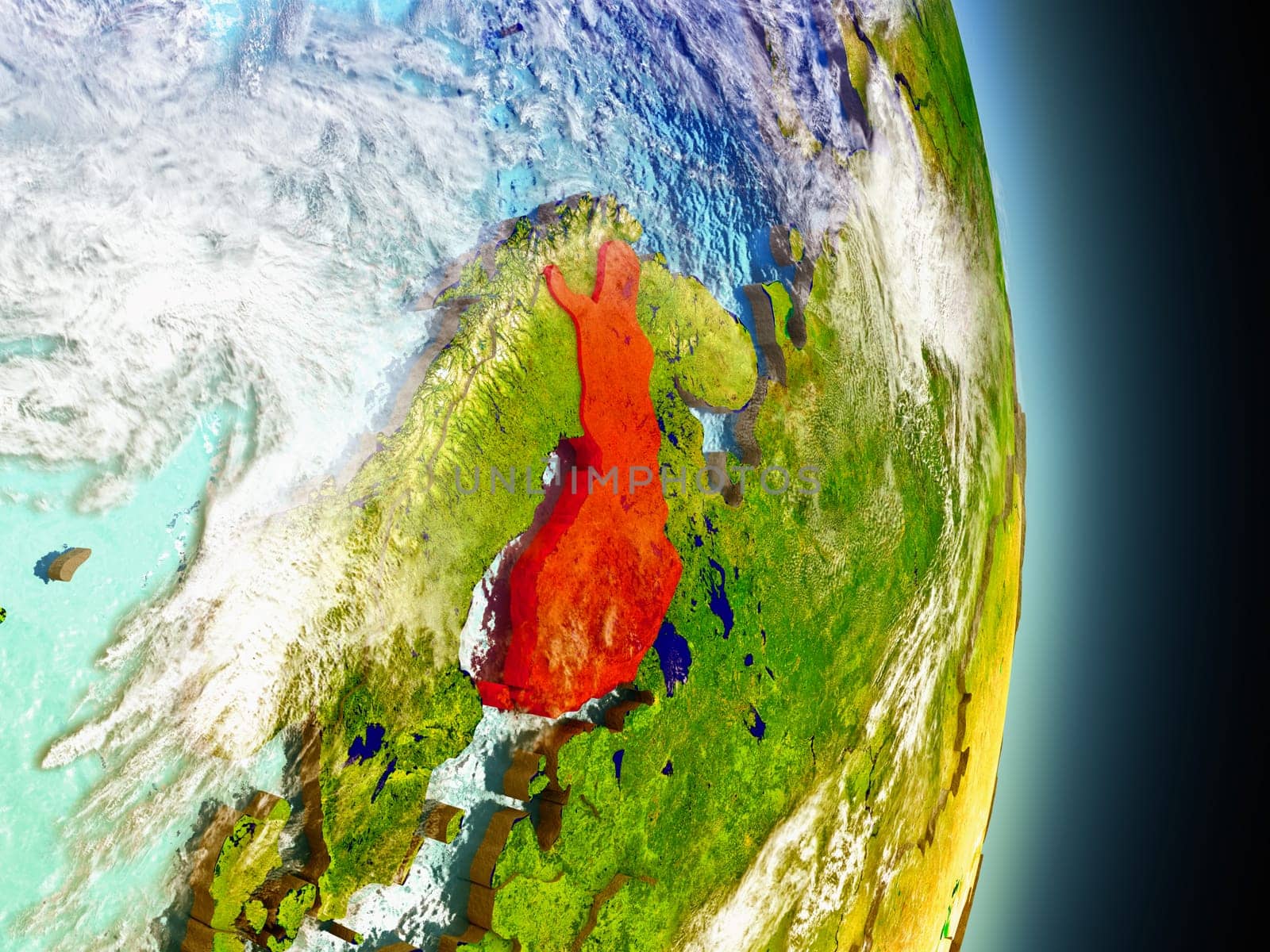 Model of Finland from Earth's orbit in space. 3D illustration with highly detailed realistic planet surface and clouds in the atmosphere. Elements of this image furnished by NASA.
