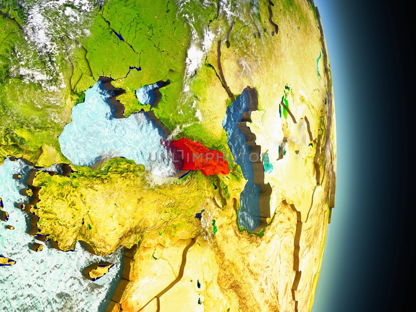 Model of Georgia from Earth's orbit in space. 3D illustration with highly detailed realistic planet surface and clouds in the atmosphere. Elements of this image furnished by NASA.