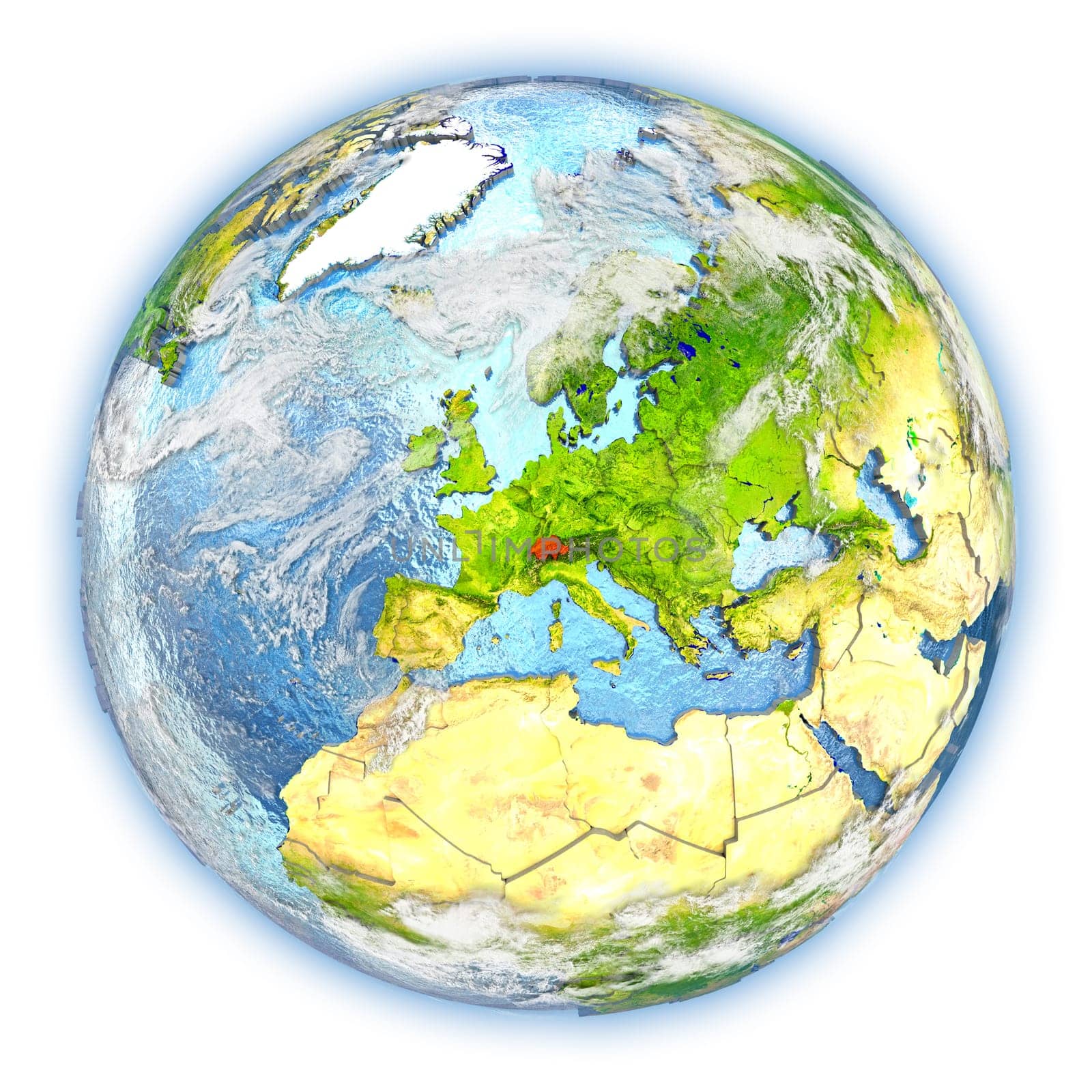 Switzerland highlighted in red on planet Earth. 3D illustration isolated on white background. Elements of this image furnished by NASA.