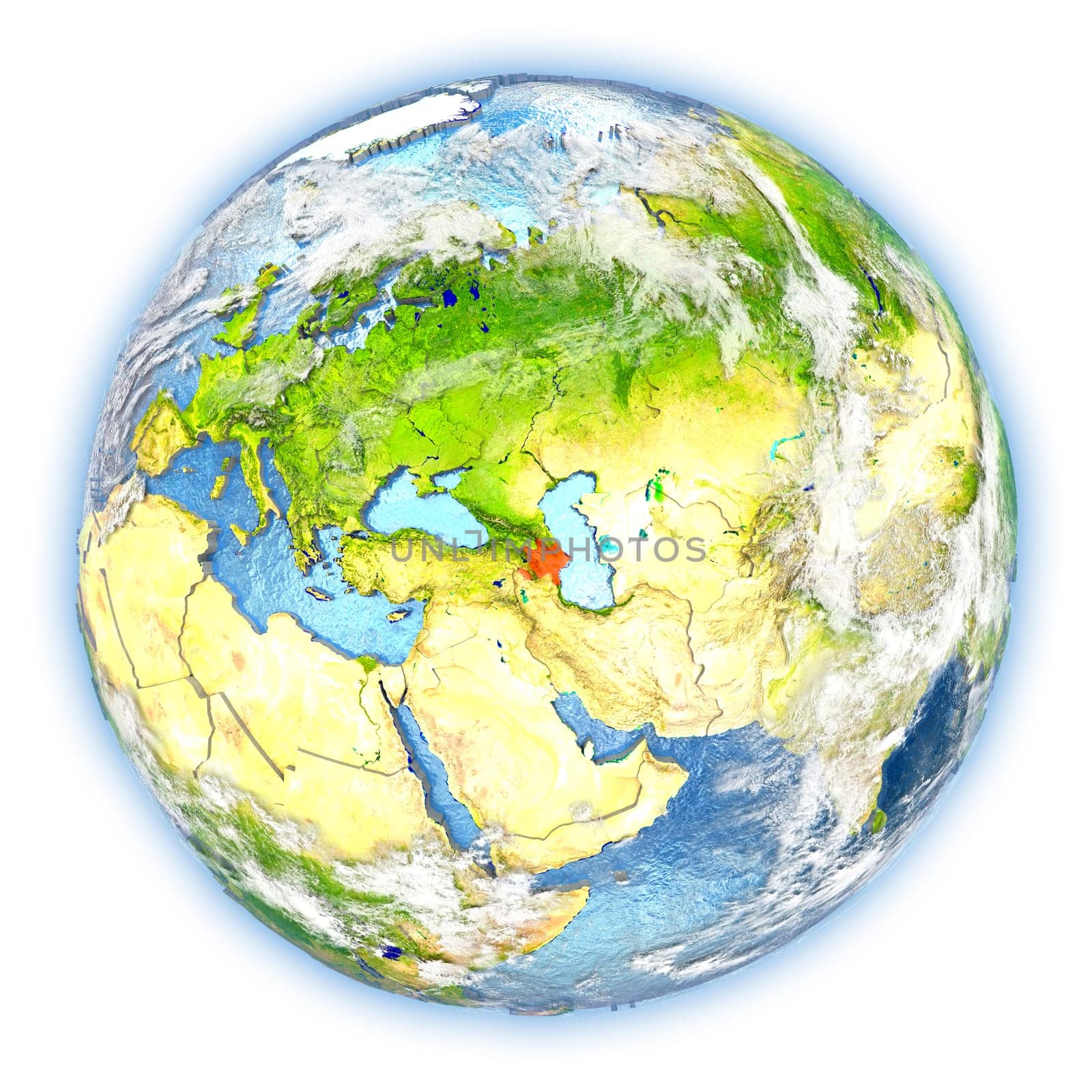 Azerbaijan highlighted in red on planet Earth. 3D illustration isolated on white background. Elements of this image furnished by NASA.