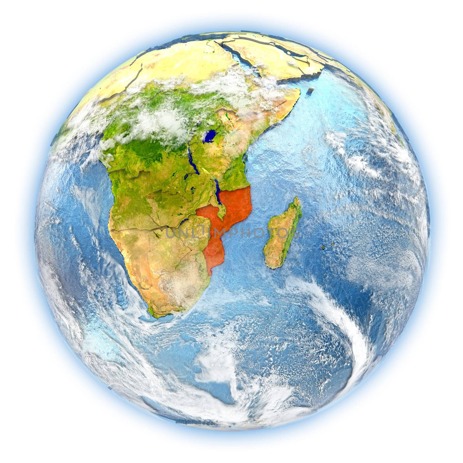 Mozambique highlighted in red on planet Earth. 3D illustration isolated on white background. Elements of this image furnished by NASA.