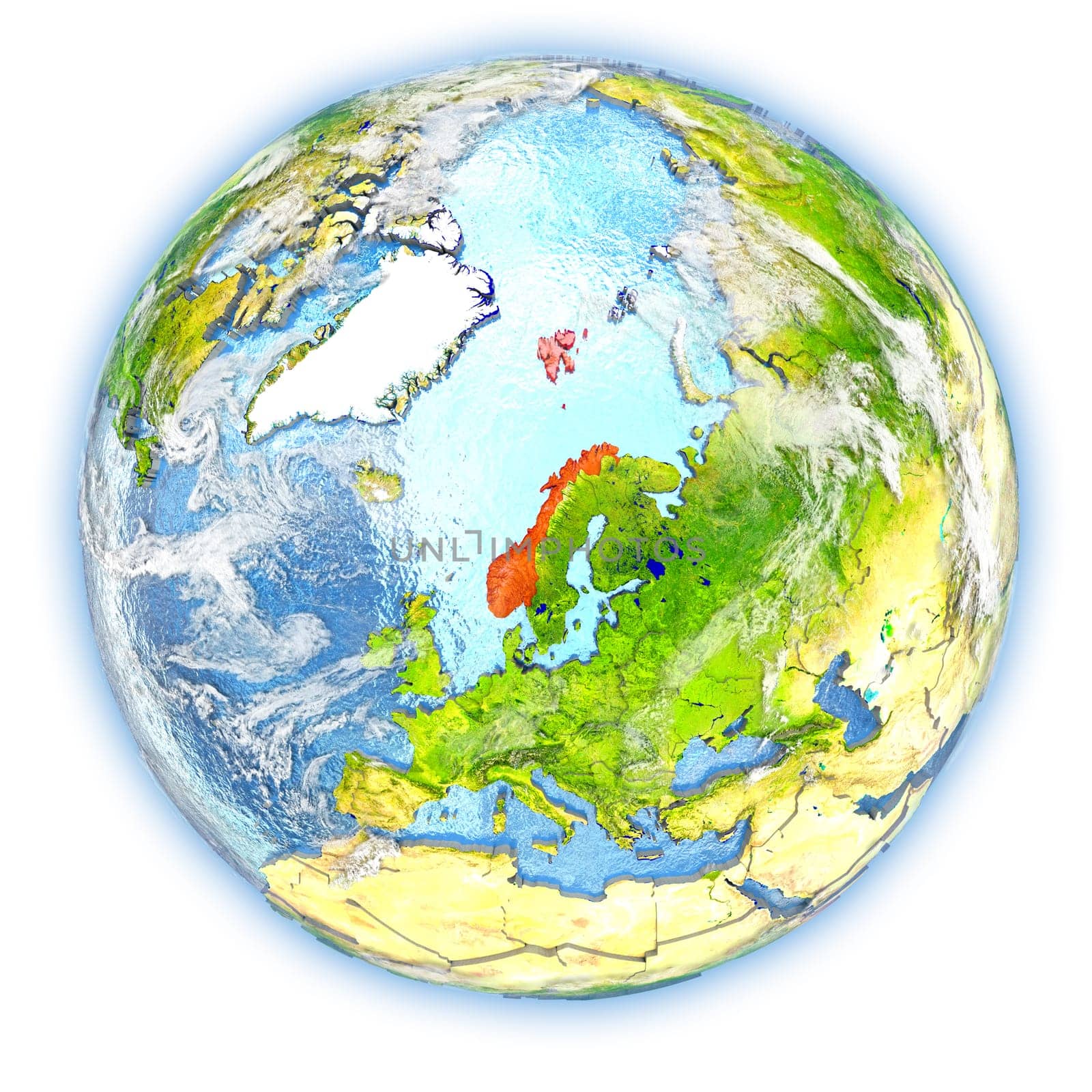 Norway highlighted in red on planet Earth. 3D illustration isolated on white background. Elements of this image furnished by NASA.