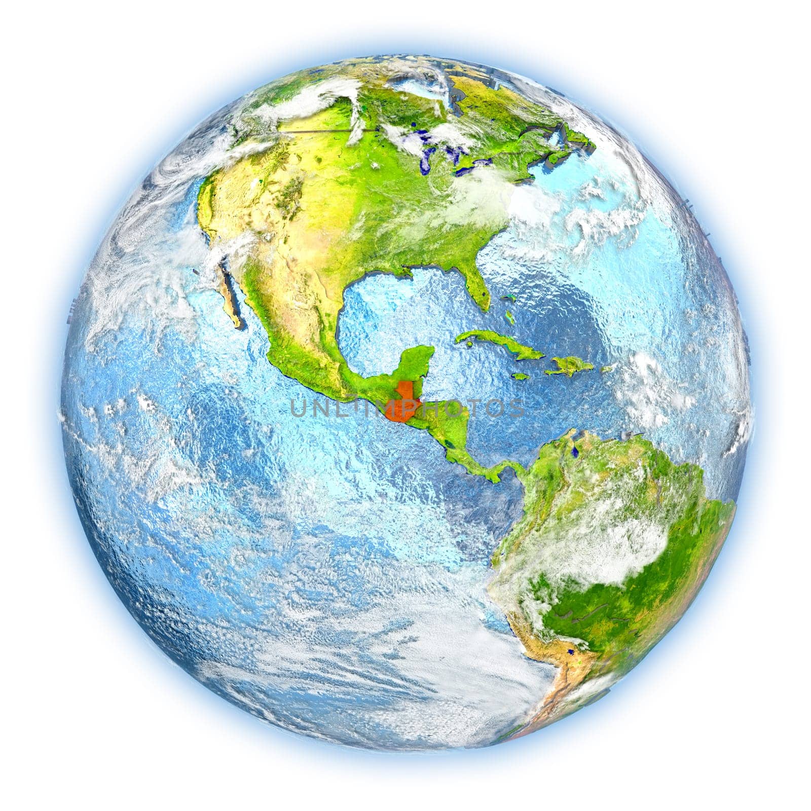 Guatemala highlighted in red on planet Earth. 3D illustration isolated on white background. Elements of this image furnished by NASA.