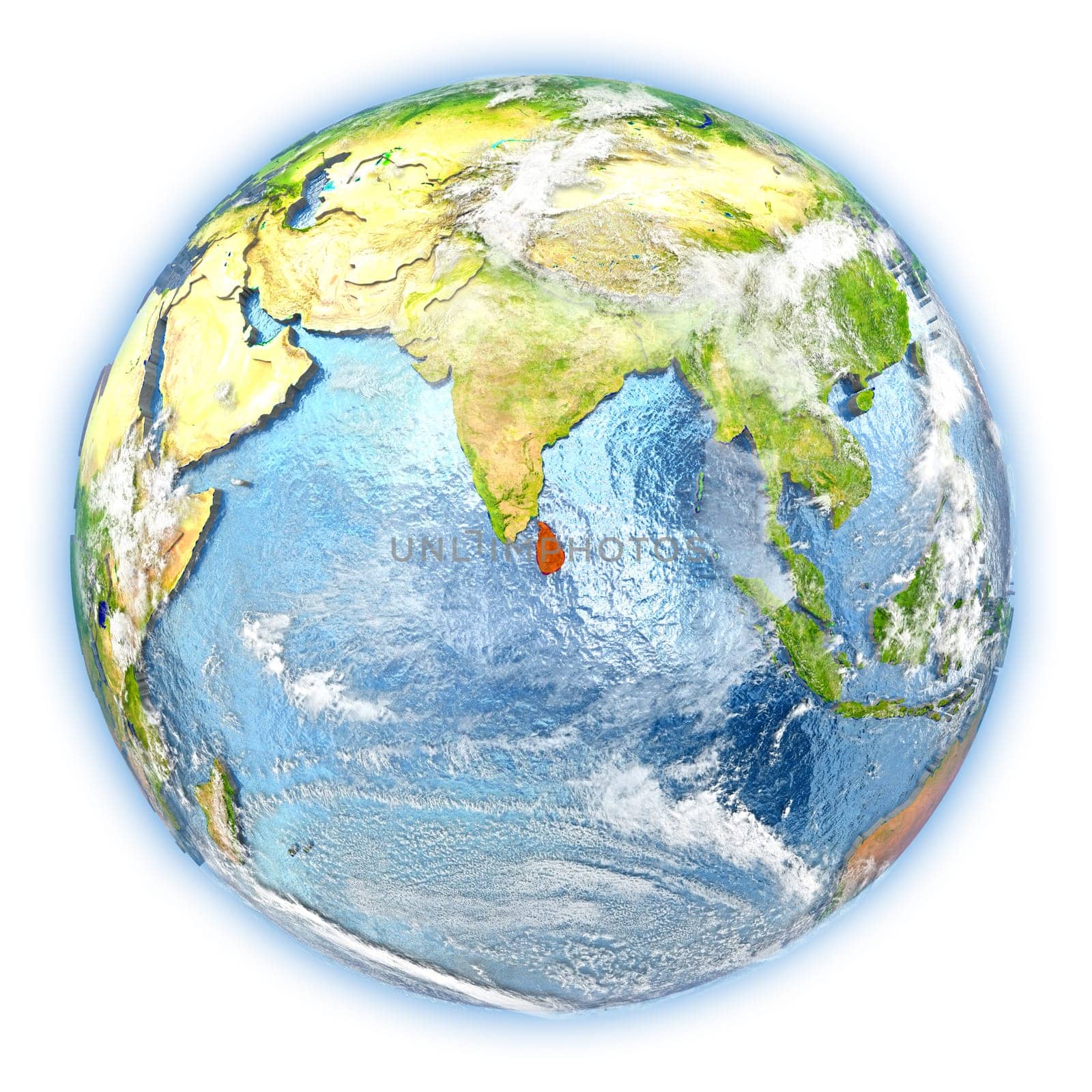 Sri Lanka highlighted in red on planet Earth. 3D illustration isolated on white background. Elements of this image furnished by NASA.