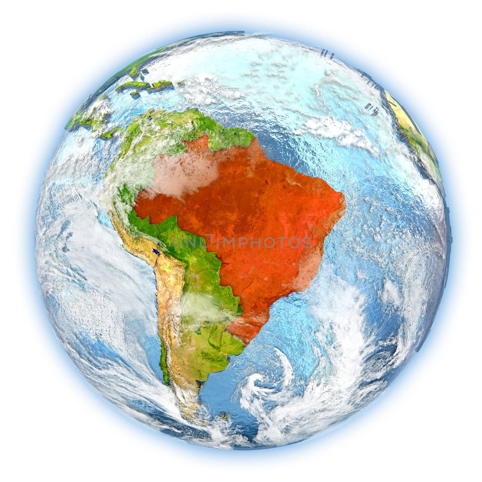 Brazil highlighted in red on planet Earth. 3D illustration isolated on white background. Elements of this image furnished by NASA.