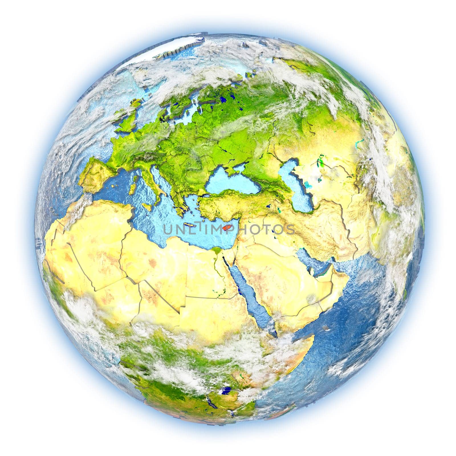 Cyprus highlighted in red on planet Earth. 3D illustration isolated on white background. Elements of this image furnished by NASA.