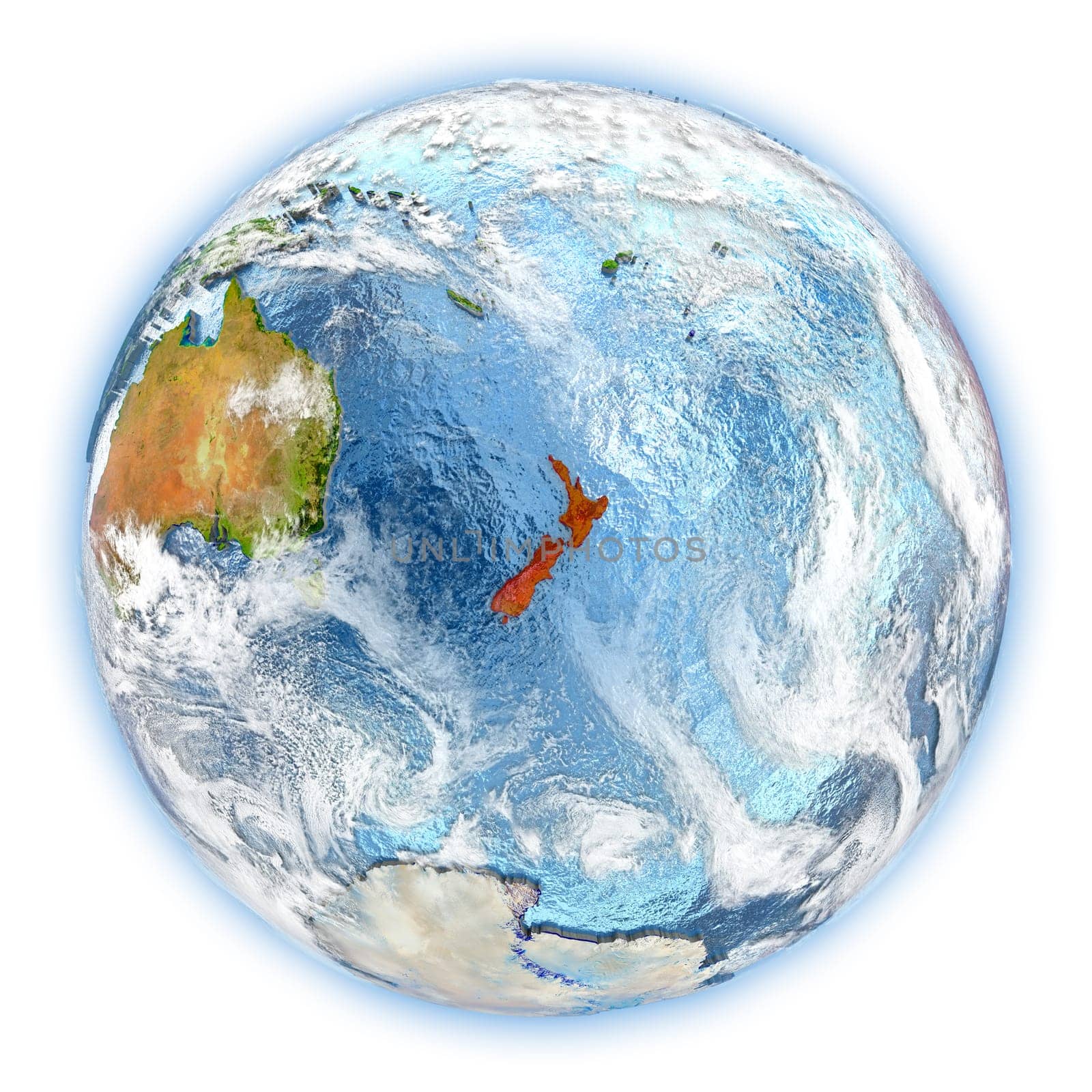 New Zealand highlighted in red on planet Earth. 3D illustration isolated on white background. Elements of this image furnished by NASA.