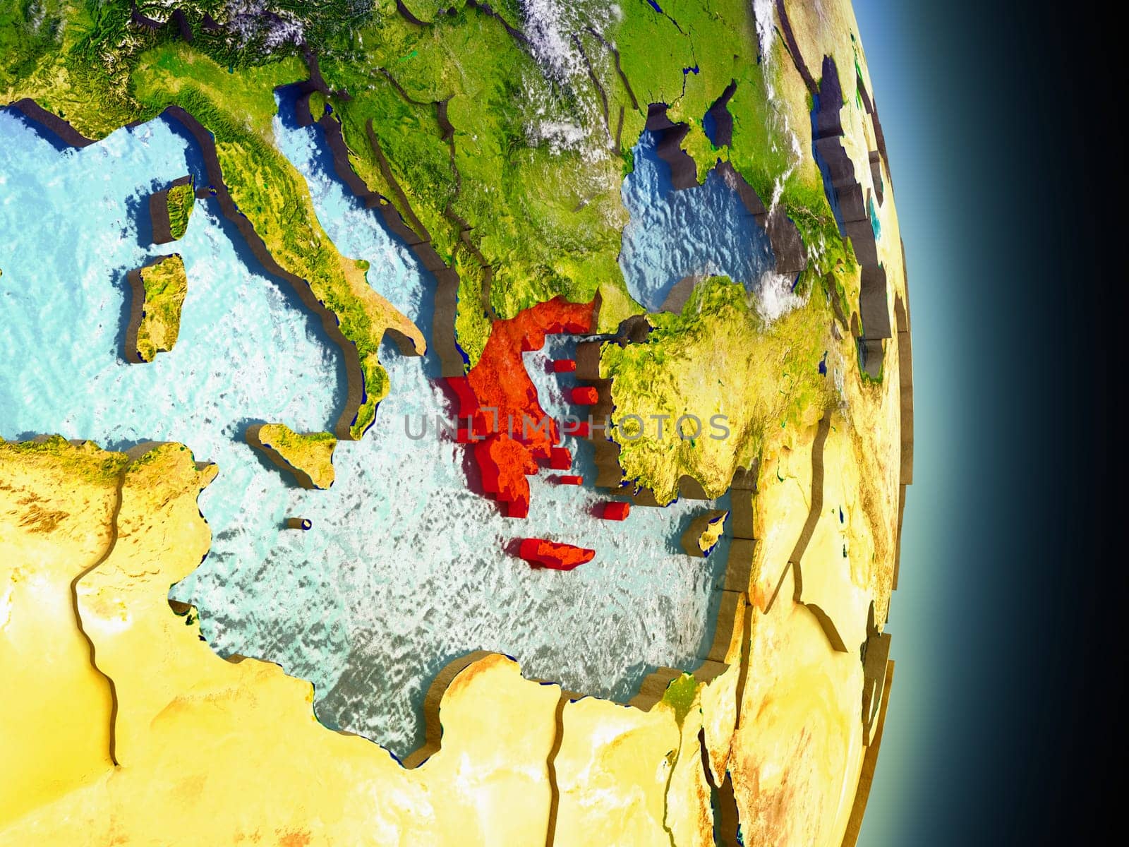 Model of Greece from Earth's orbit in space. 3D illustration with highly detailed realistic planet surface and clouds in the atmosphere. Elements of this image furnished by NASA.