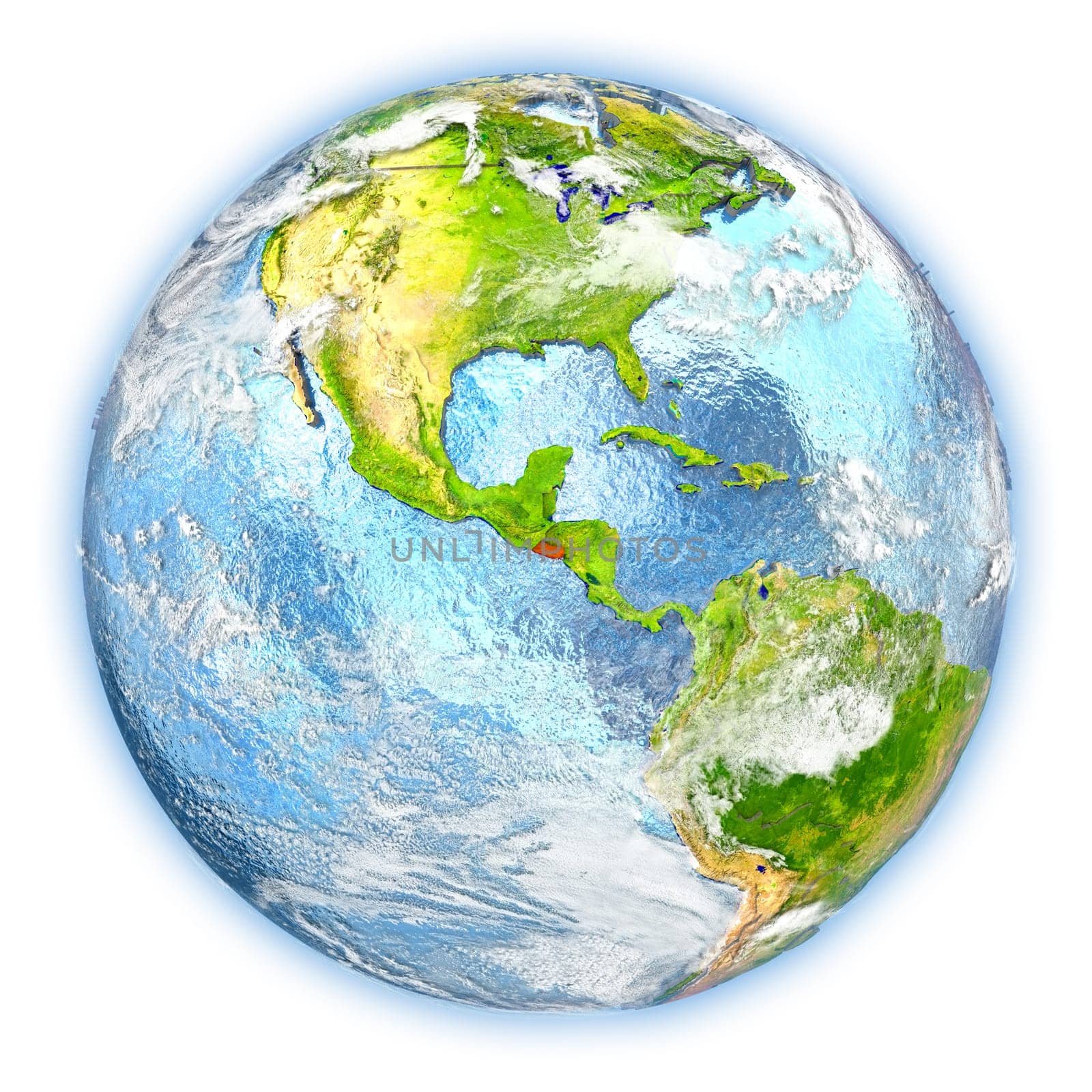 El Salvador highlighted in red on planet Earth. 3D illustration isolated on white background. Elements of this image furnished by NASA.