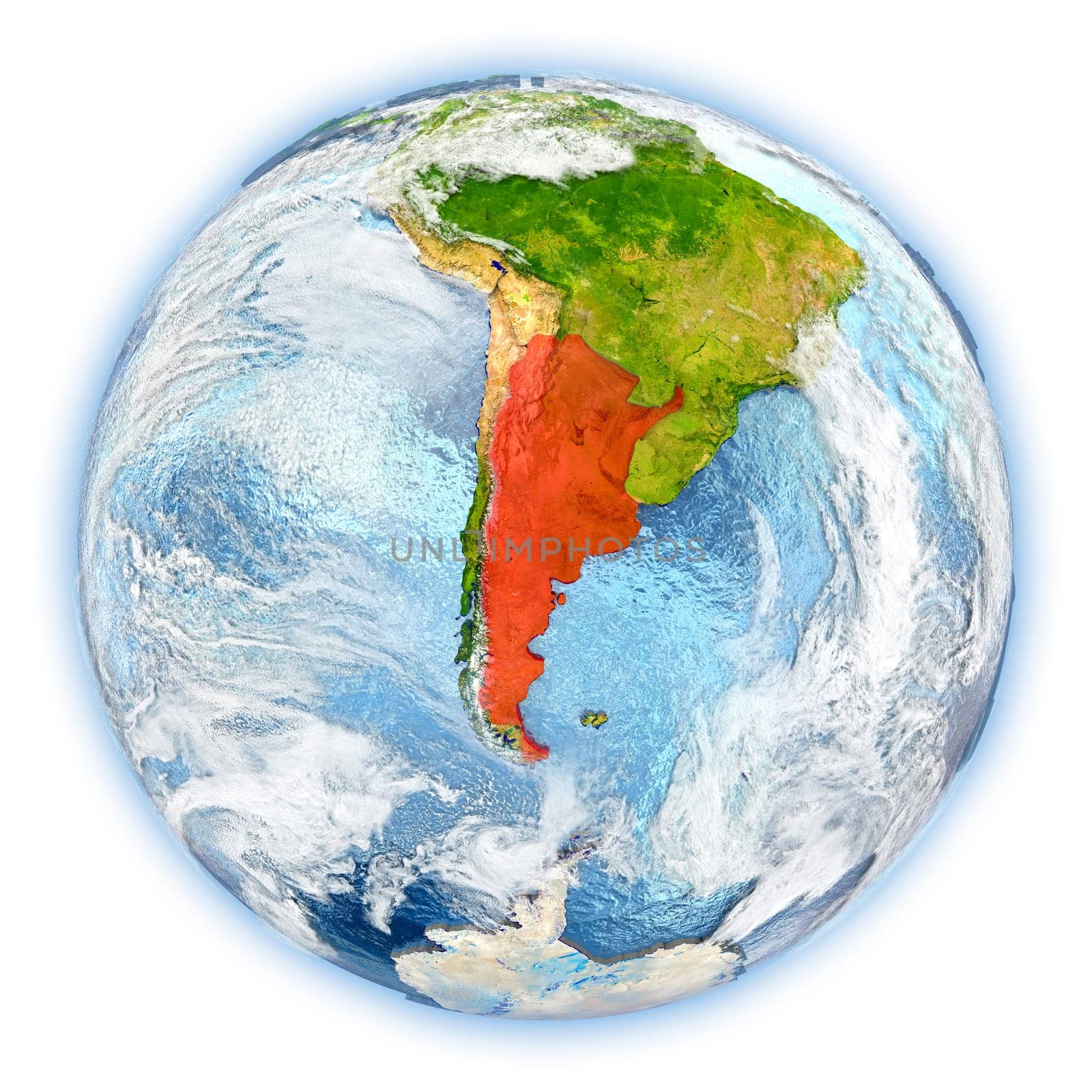 Argentina highlighted in red on planet Earth. 3D illustration isolated on white background. Elements of this image furnished by NASA.