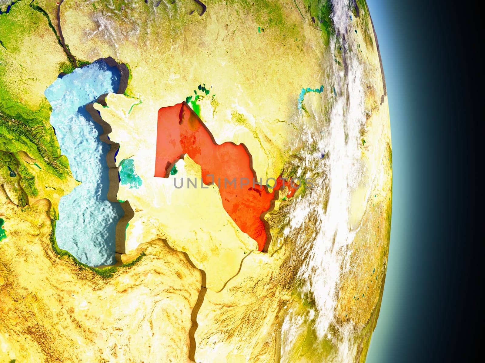 Model of Uzbekistan from Earth's orbit in space. 3D illustration with highly detailed realistic planet surface and clouds in the atmosphere. Elements of this image furnished by NASA.