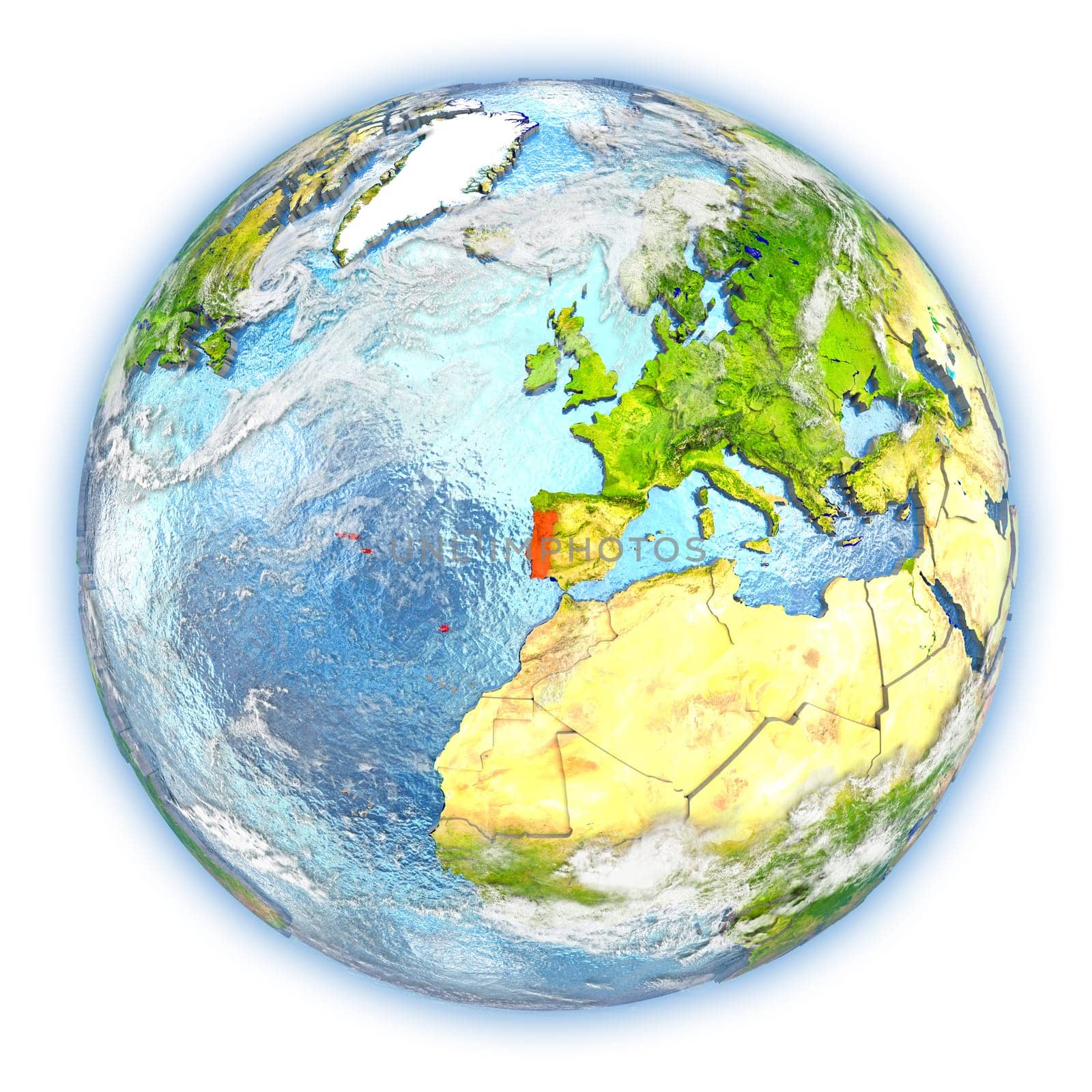 Portugal highlighted in red on planet Earth. 3D illustration isolated on white background. Elements of this image furnished by NASA.