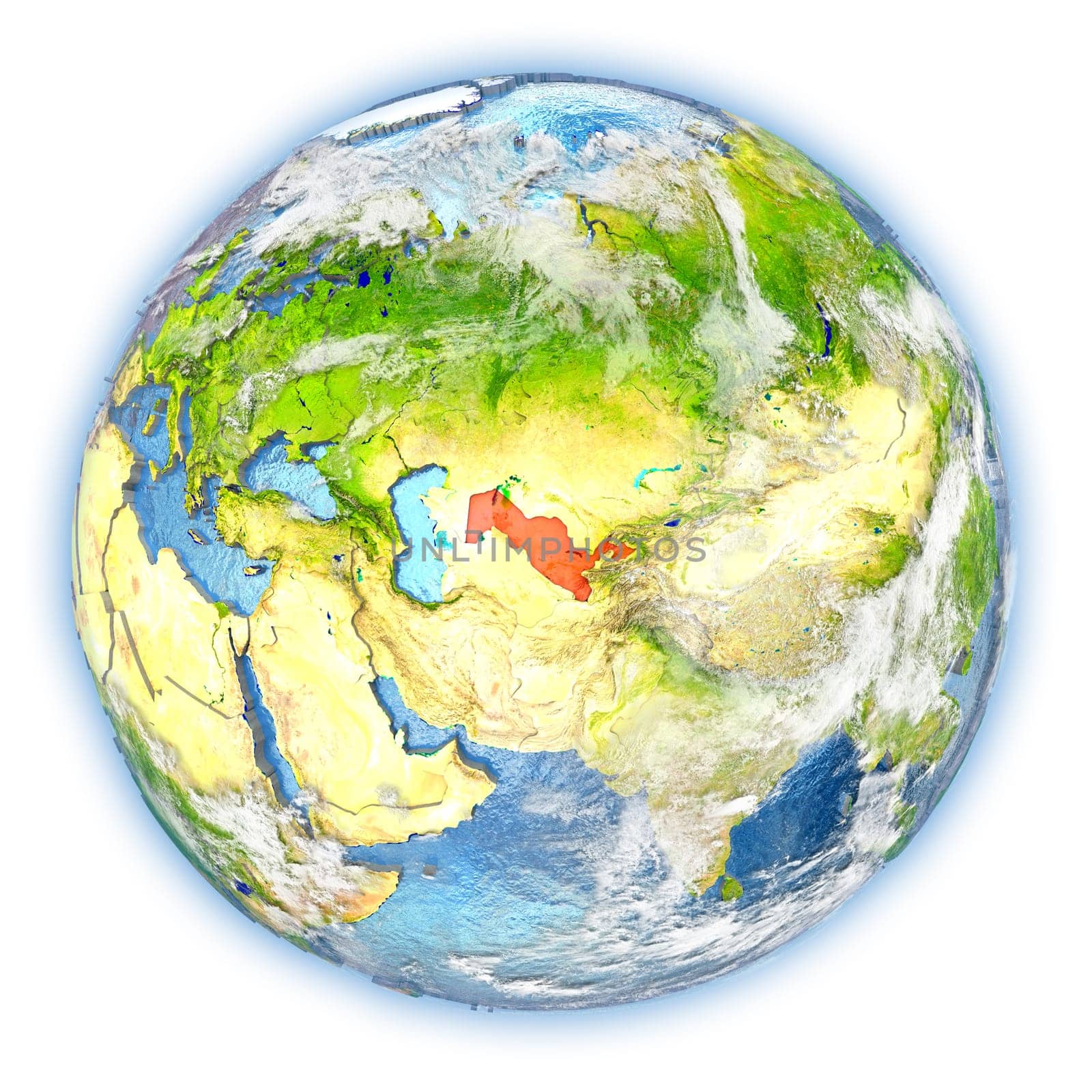 Uzbekistan highlighted in red on planet Earth. 3D illustration isolated on white background. Elements of this image furnished by NASA.