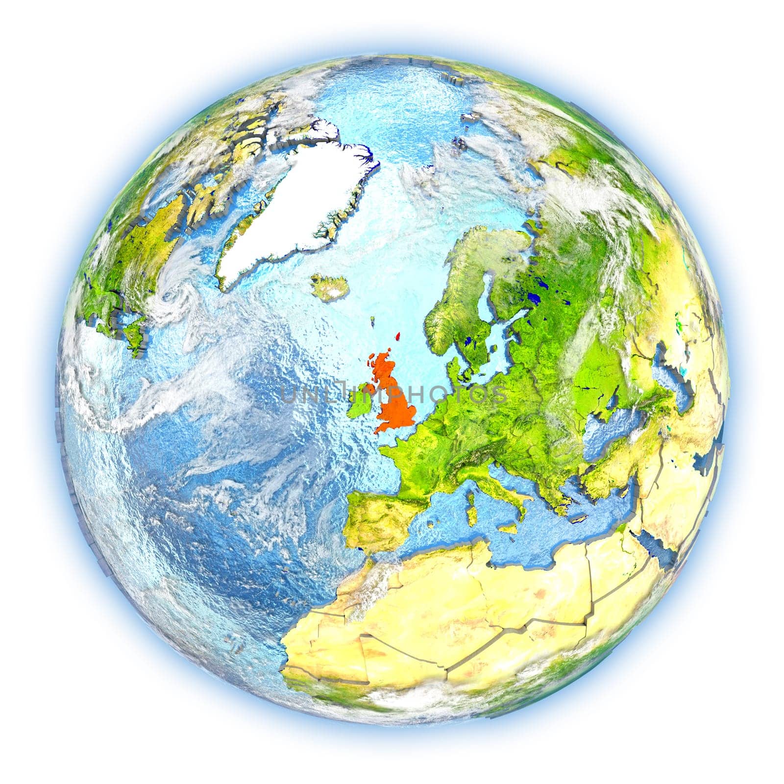United Kingdom highlighted in red on planet Earth. 3D illustration isolated on white background. Elements of this image furnished by NASA.