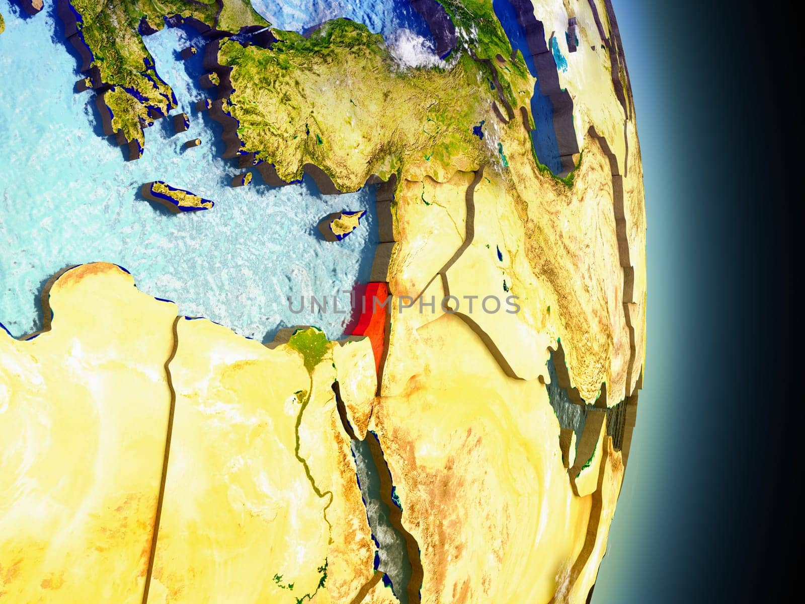 Model of Israel from Earth's orbit in space. 3D illustration with highly detailed realistic planet surface and clouds in the atmosphere. Elements of this image furnished by NASA.