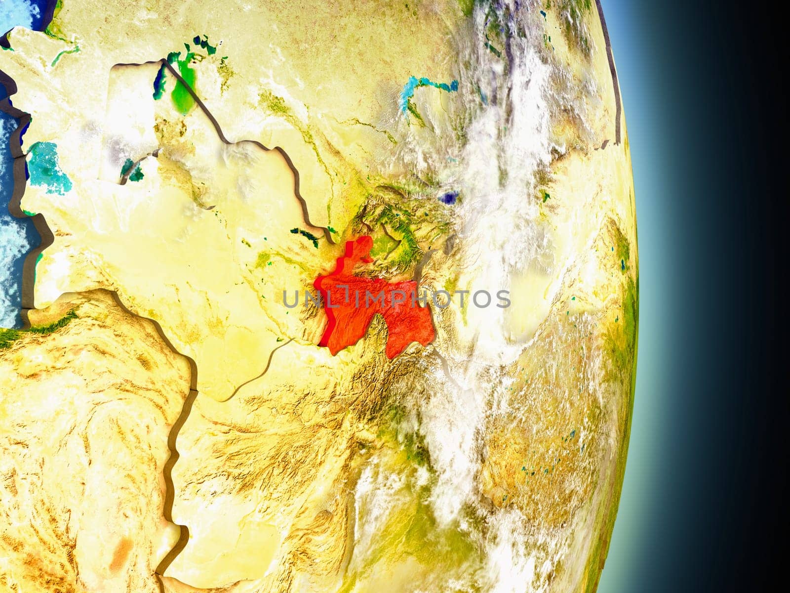Model of Tajikistan from Earth's orbit in space. 3D illustration with highly detailed realistic planet surface and clouds in the atmosphere. Elements of this image furnished by NASA.