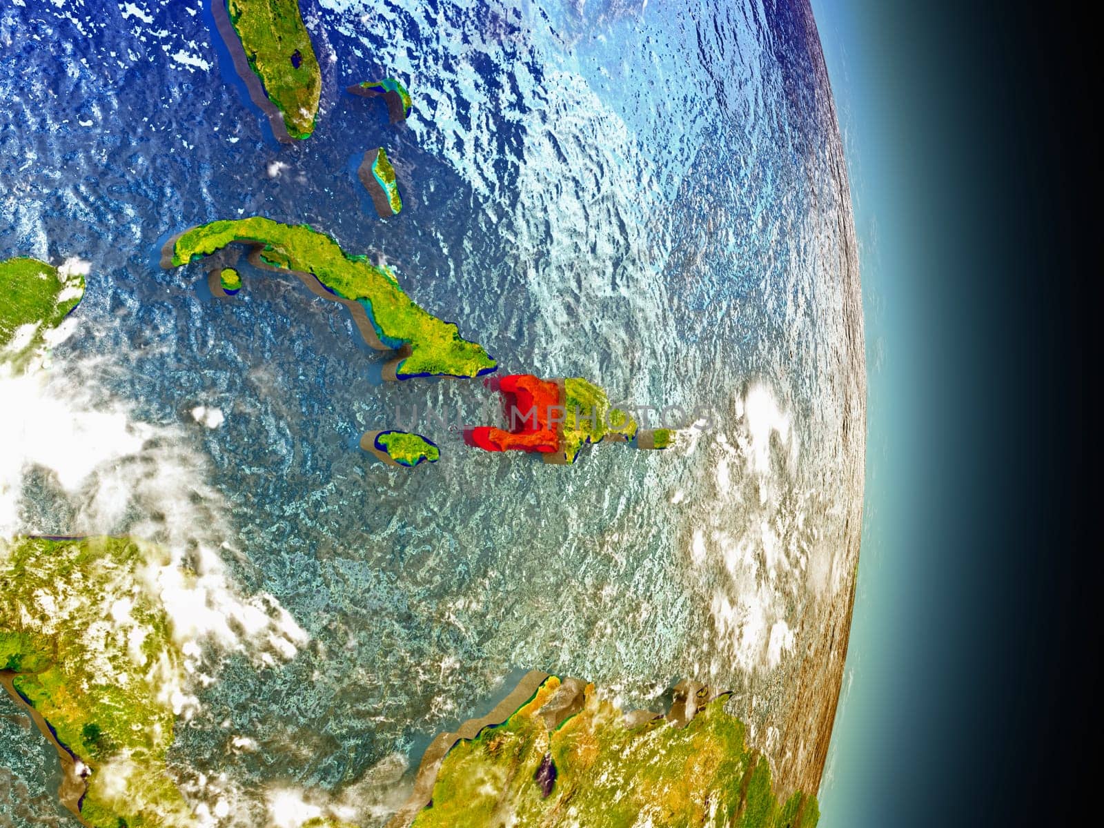 Model of Haiti from Earth's orbit in space. 3D illustration with highly detailed realistic planet surface and clouds in the atmosphere. Elements of this image furnished by NASA.