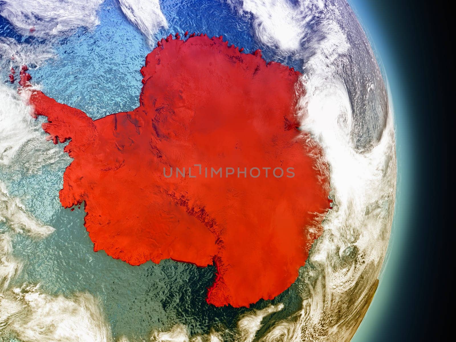 Model of Antarctica from Earth's orbit in space. 3D illustration with highly detailed realistic planet surface and clouds in the atmosphere. Elements of this image furnished by NASA.