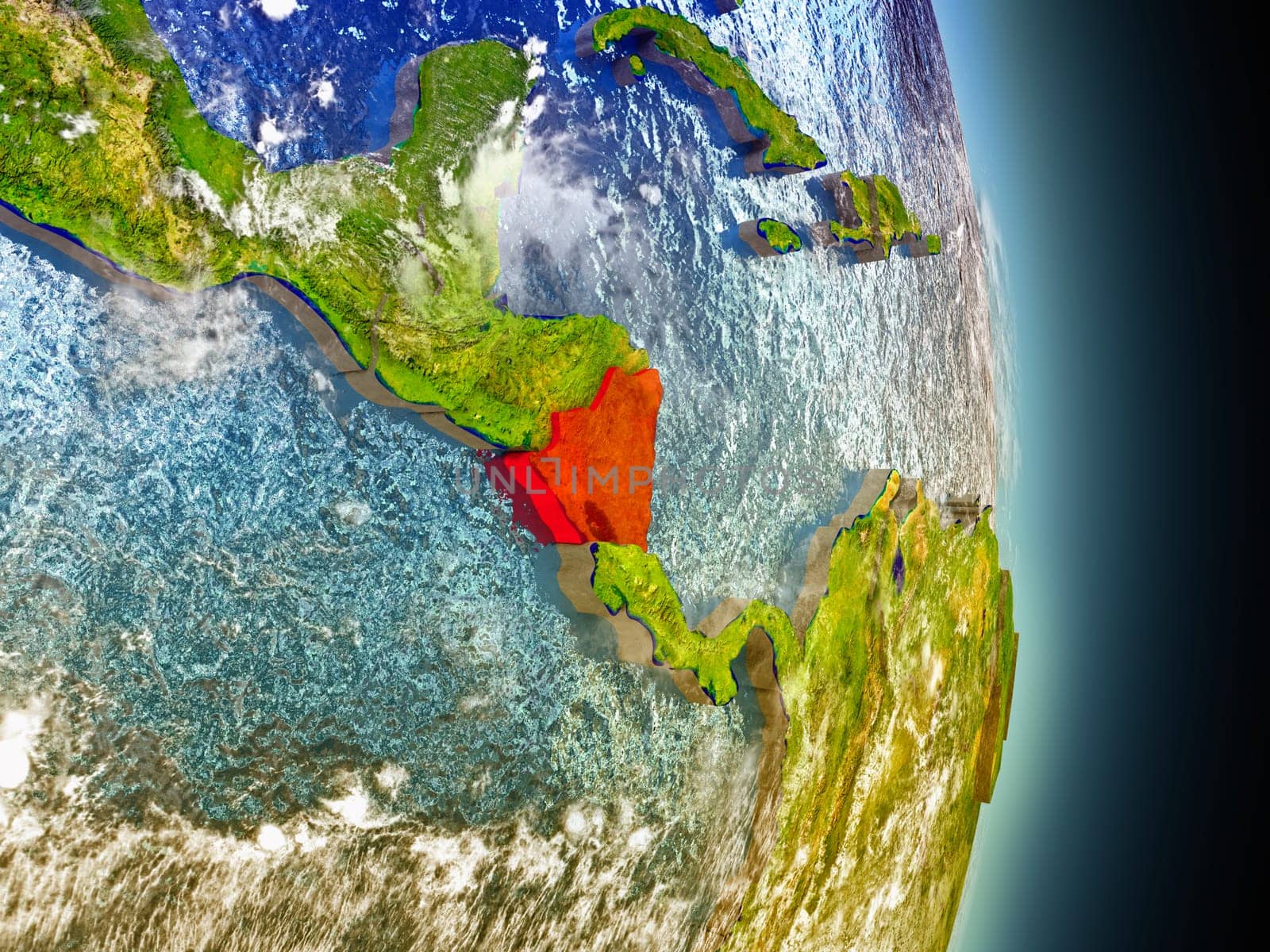 Model of Nicaragua from Earth's orbit in space. 3D illustration with highly detailed realistic planet surface and clouds in the atmosphere. Elements of this image furnished by NASA.