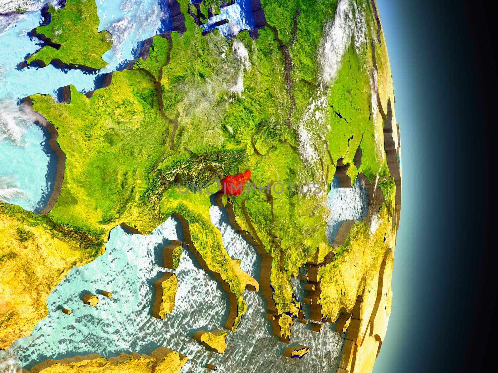 Model of Slovenia from Earth's orbit in space. 3D illustration with highly detailed realistic planet surface and clouds in the atmosphere. Elements of this image furnished by NASA.