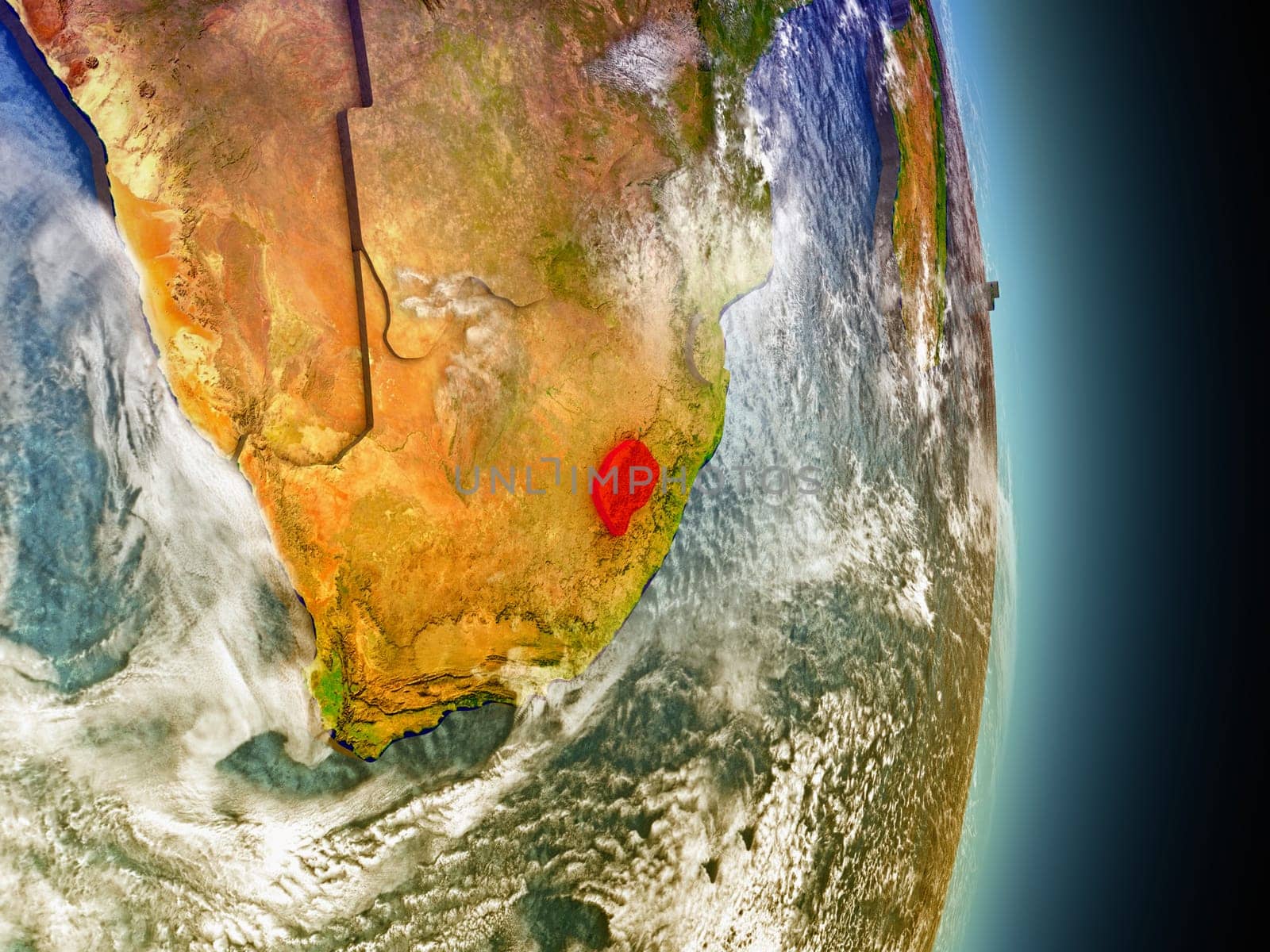 Model of Lesotho from Earth's orbit in space. 3D illustration with highly detailed realistic planet surface and clouds in the atmosphere. Elements of this image furnished by NASA.