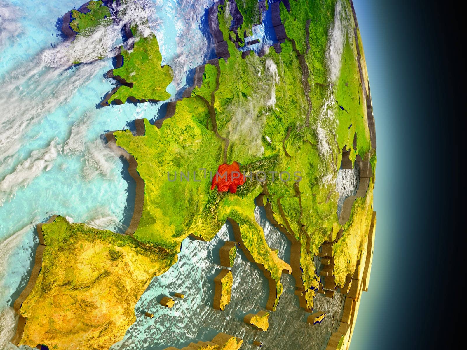Model of Switzerland from Earth's orbit in space. 3D illustration with highly detailed realistic planet surface and clouds in the atmosphere. Elements of this image furnished by NASA.