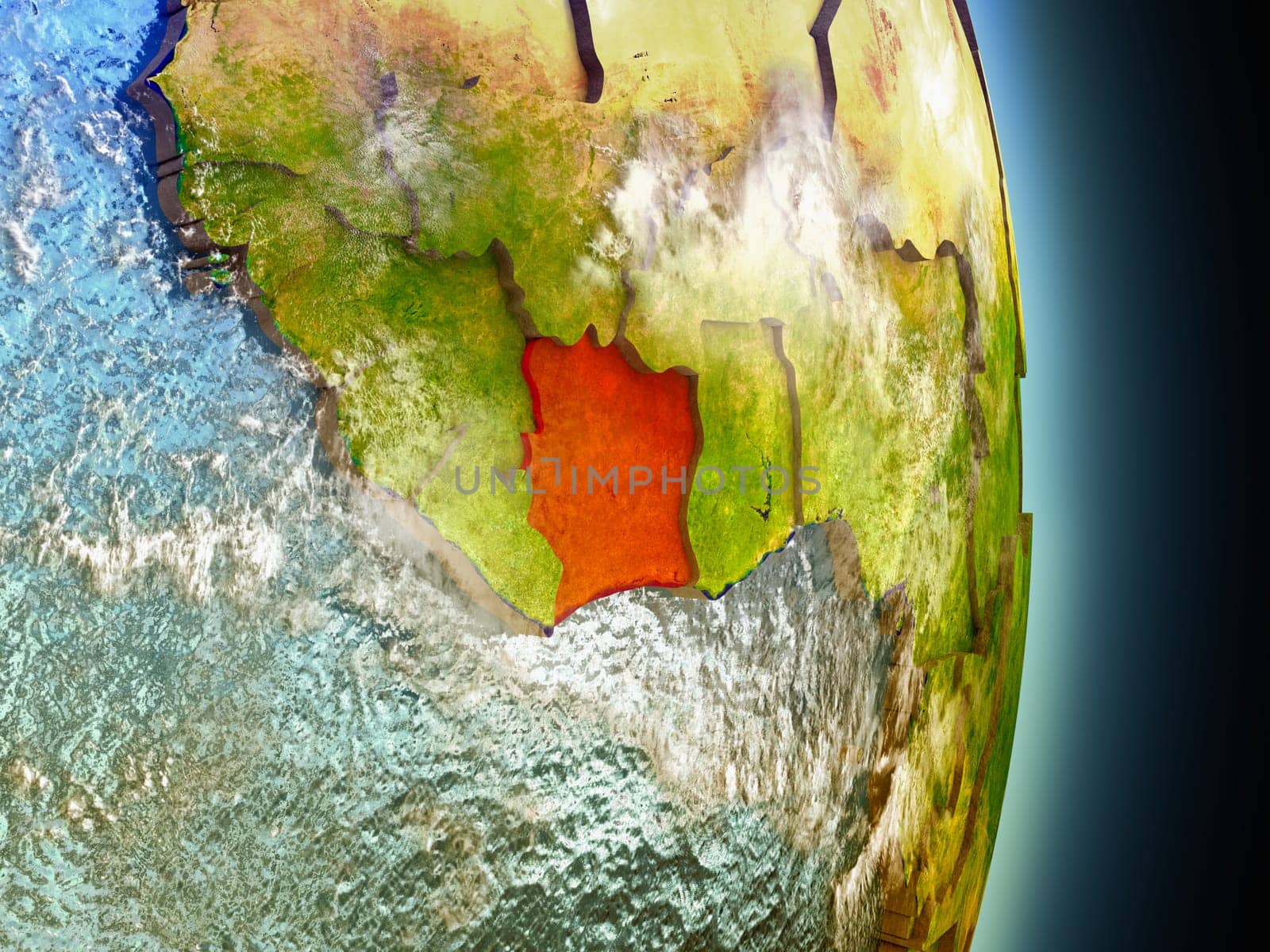 Model of Ivory Coast from Earth's orbit in space. 3D illustration with highly detailed realistic planet surface and clouds in the atmosphere. Elements of this image furnished by NASA.