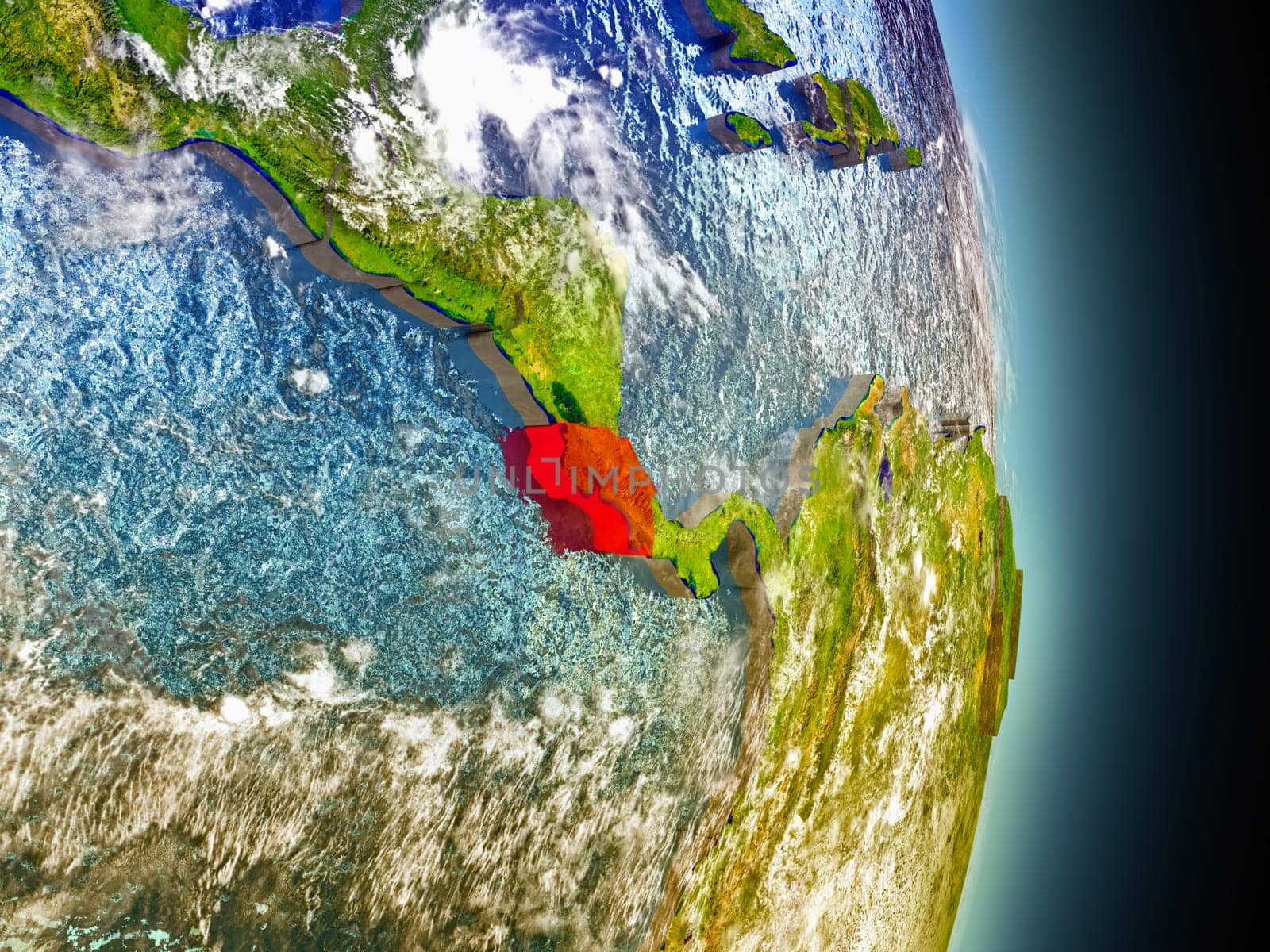Model of Costa Rica from Earth's orbit in space. 3D illustration with highly detailed realistic planet surface and clouds in the atmosphere. Elements of this image furnished by NASA.