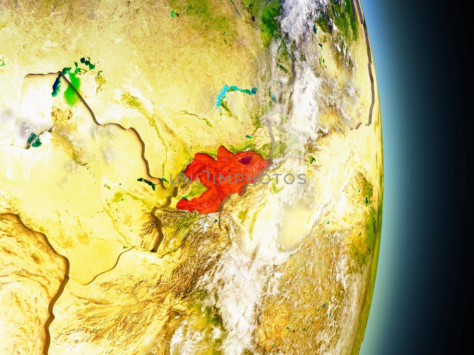 Model of Kyrgyzstan from Earth's orbit in space. 3D illustration with highly detailed realistic planet surface and clouds in the atmosphere. Elements of this image furnished by NASA.