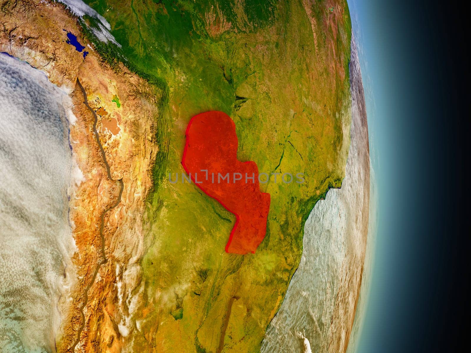 Model of Paraguay from Earth's orbit in space. 3D illustration with highly detailed realistic planet surface and clouds in the atmosphere. Elements of this image furnished by NASA.