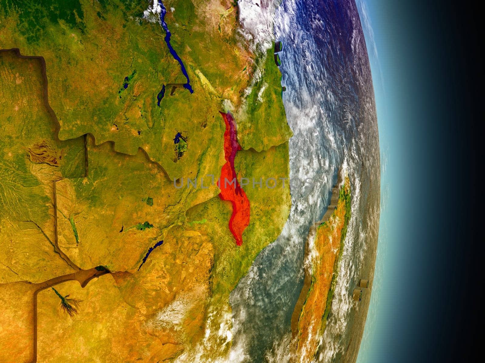 Model of Malawi from Earth's orbit in space. 3D illustration with highly detailed realistic planet surface and clouds in the atmosphere. Elements of this image furnished by NASA.