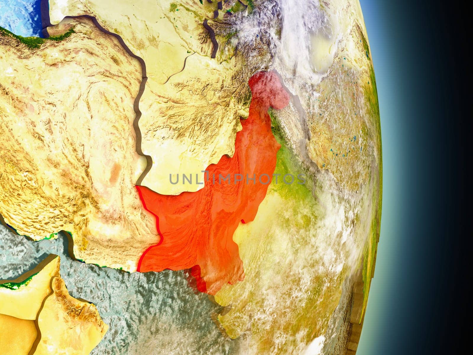 Model of Pakistan from Earth's orbit in space. 3D illustration with highly detailed realistic planet surface and clouds in the atmosphere. Elements of this image furnished by NASA.
