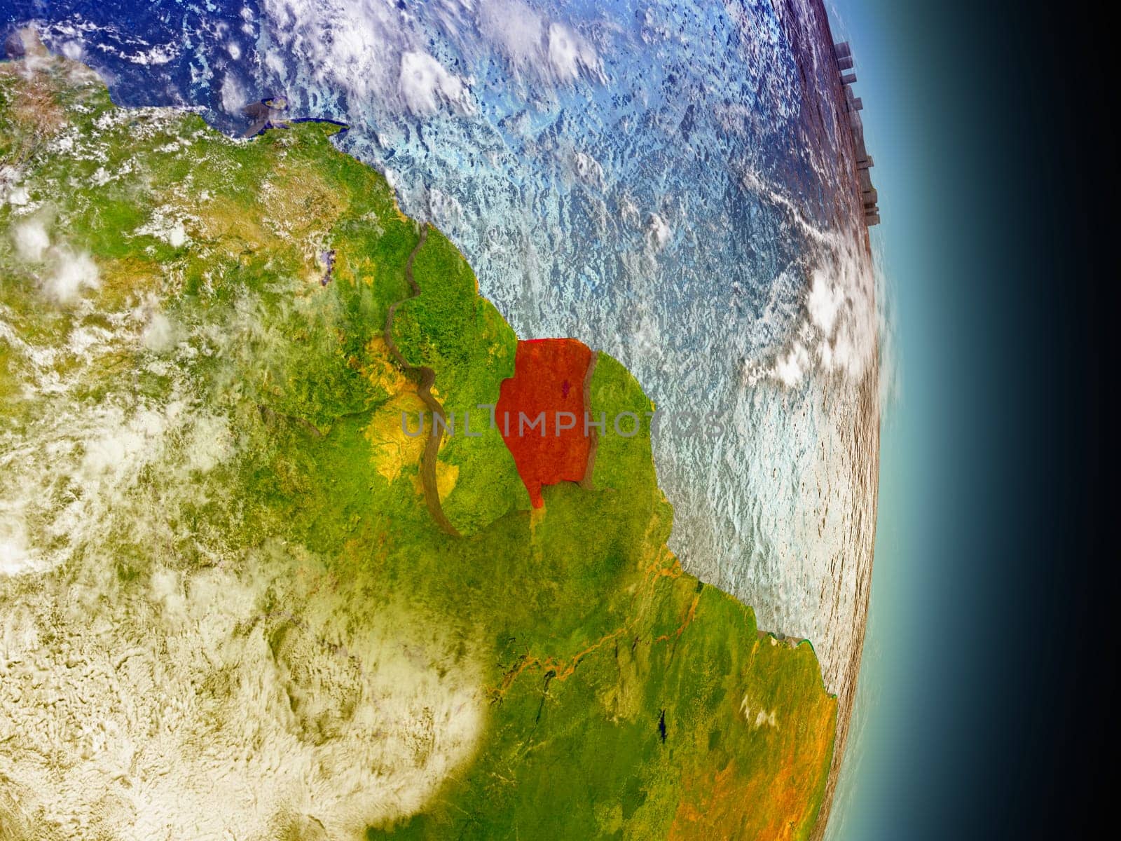 Model of Suriname from Earth's orbit in space. 3D illustration with highly detailed realistic planet surface and clouds in the atmosphere. Elements of this image furnished by NASA.