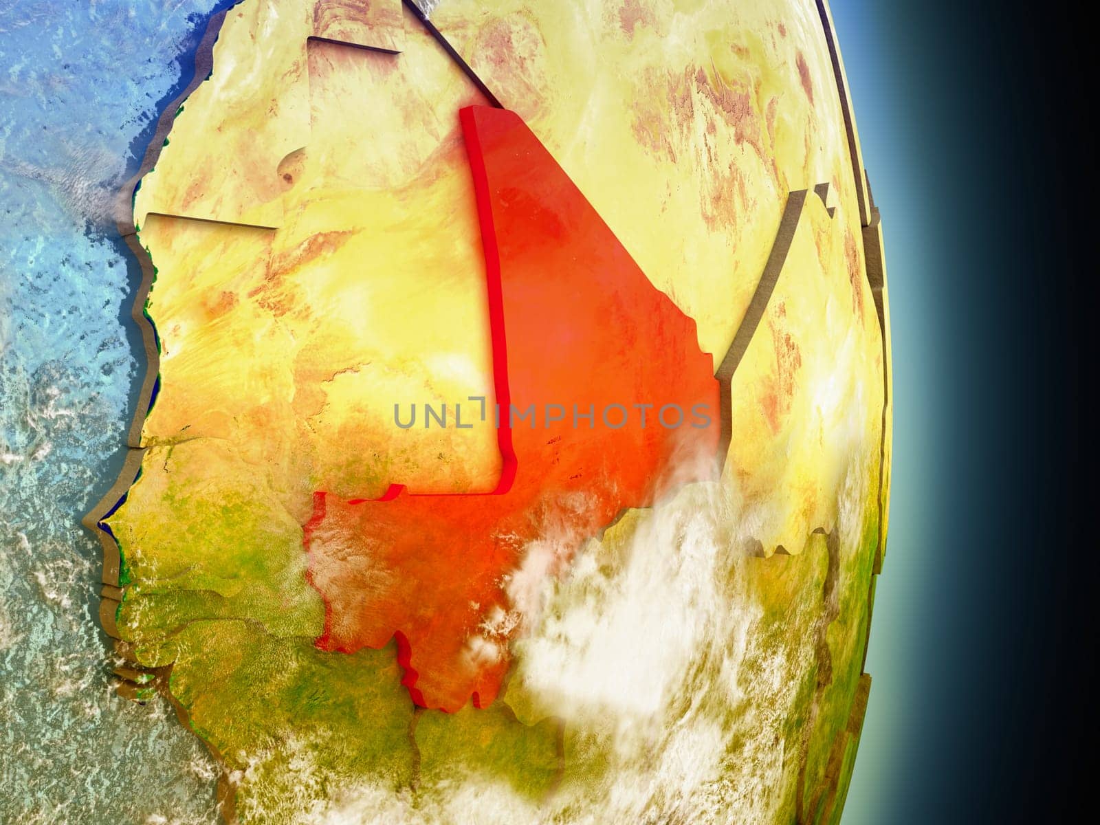 Model of Mali from Earth's orbit in space. 3D illustration with highly detailed realistic planet surface and clouds in the atmosphere. Elements of this image furnished by NASA.