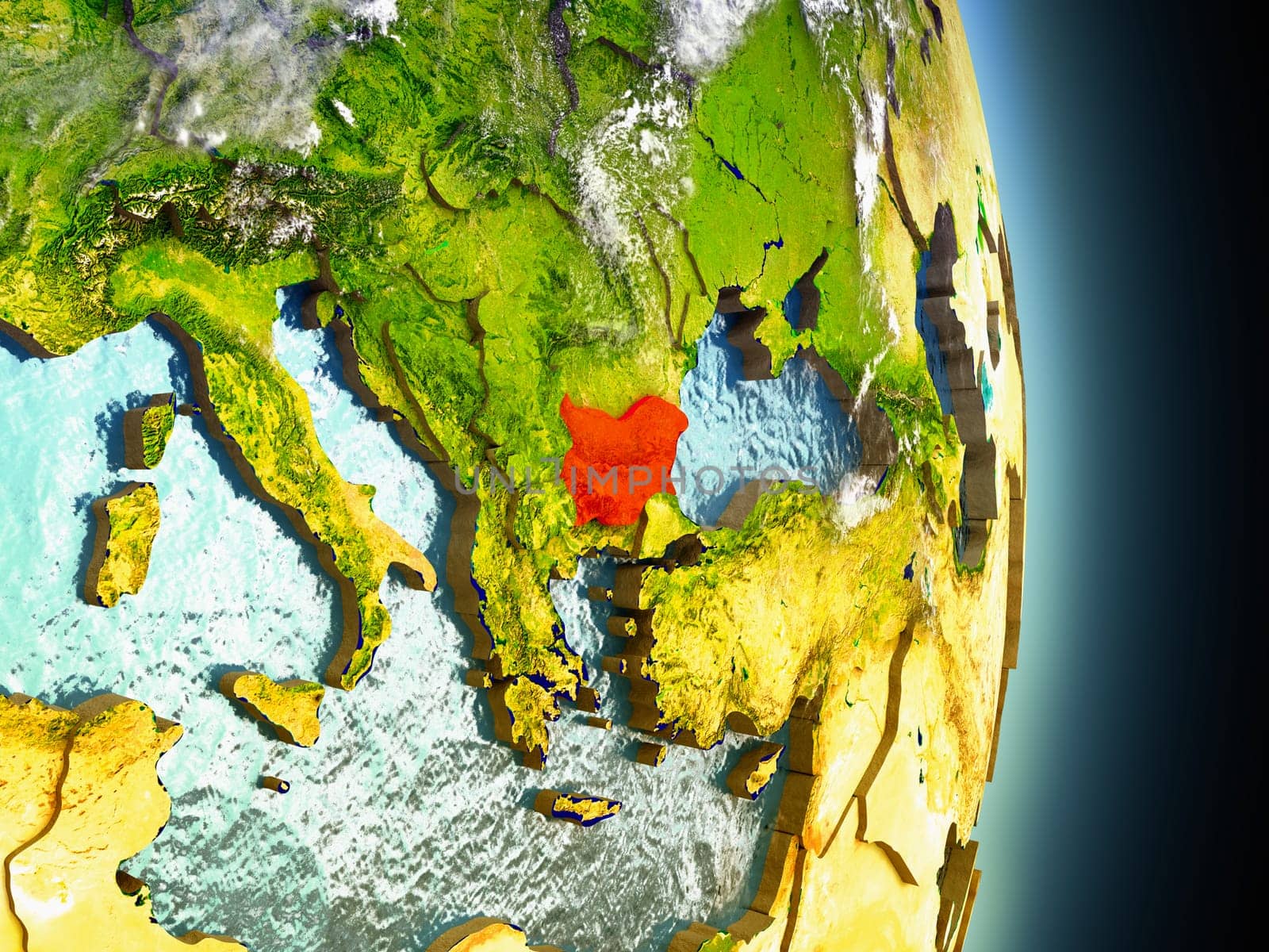 Model of Bulgaria from Earth's orbit in space. 3D illustration with highly detailed realistic planet surface and clouds in the atmosphere. Elements of this image furnished by NASA.