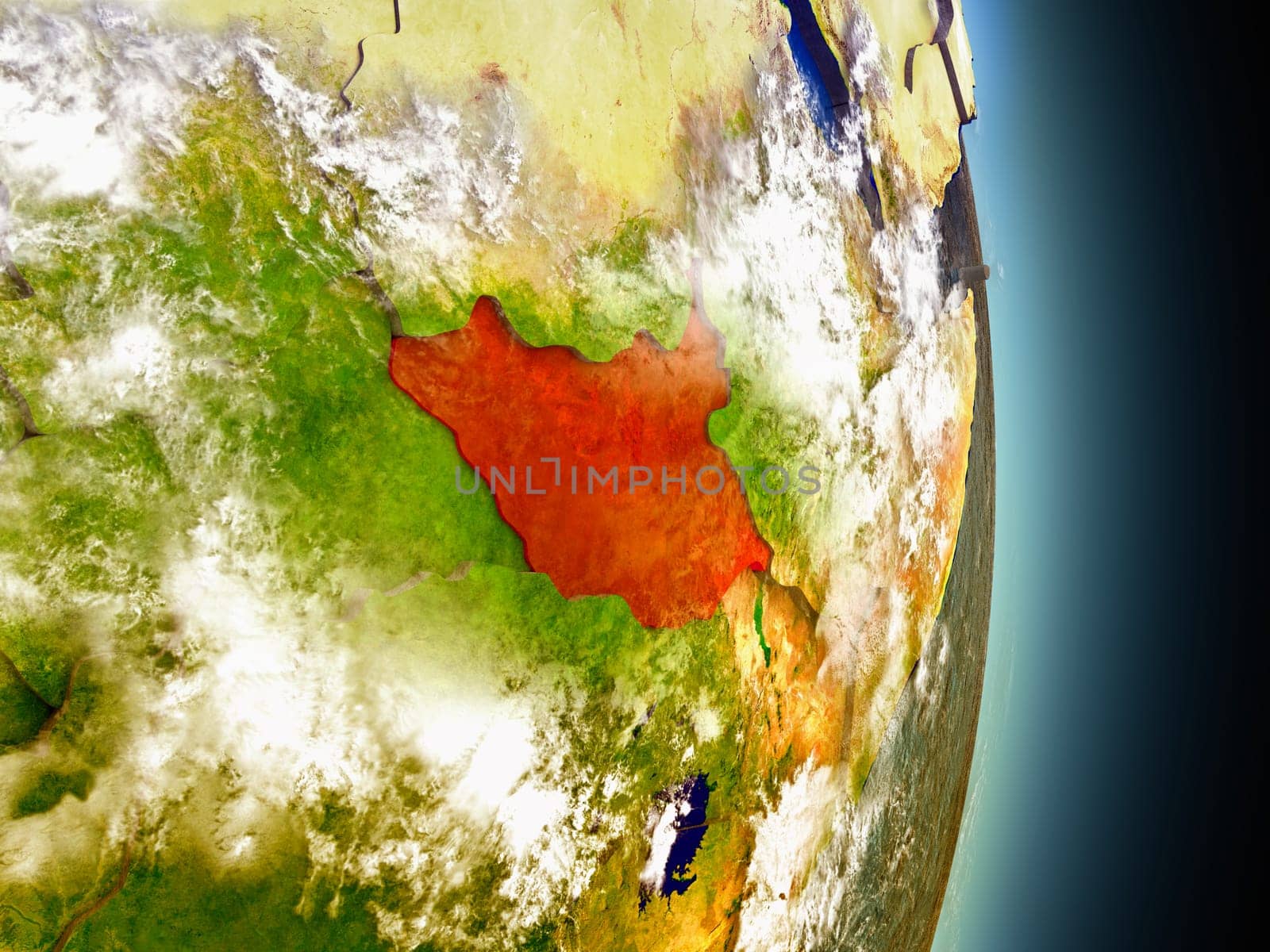 Model of South Sudan from Earth's orbit in space. 3D illustration with highly detailed realistic planet surface and clouds in the atmosphere. Elements of this image furnished by NASA.