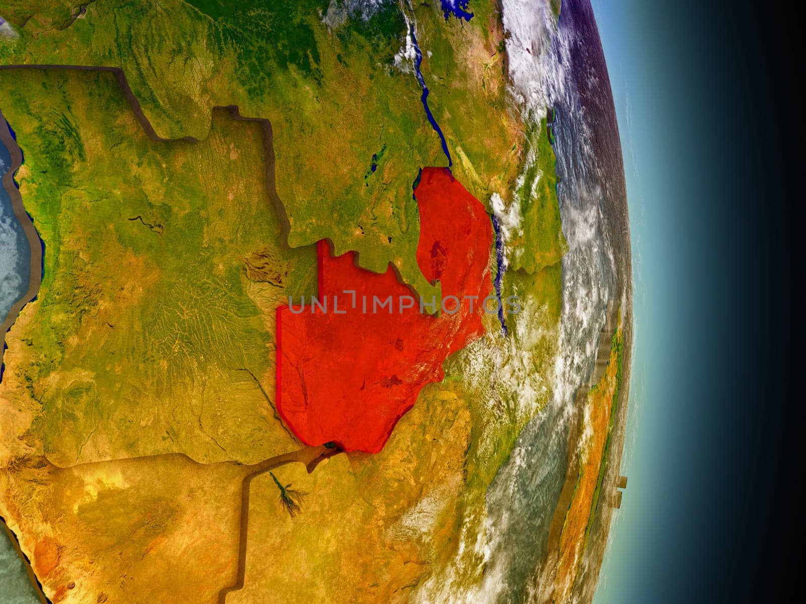 Model of Zambia from Earth's orbit in space. 3D illustration with highly detailed realistic planet surface and clouds in the atmosphere. Elements of this image furnished by NASA.