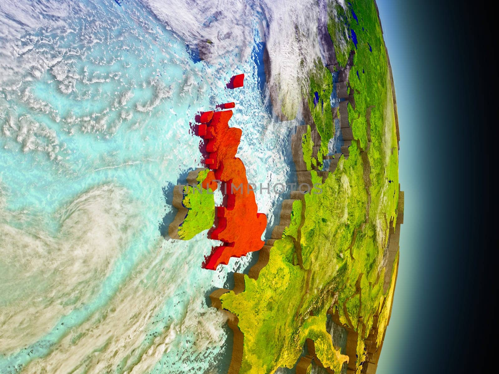 Model of United Kingdom from Earth's orbit in space. 3D illustration with highly detailed realistic planet surface and clouds in the atmosphere. Elements of this image furnished by NASA.