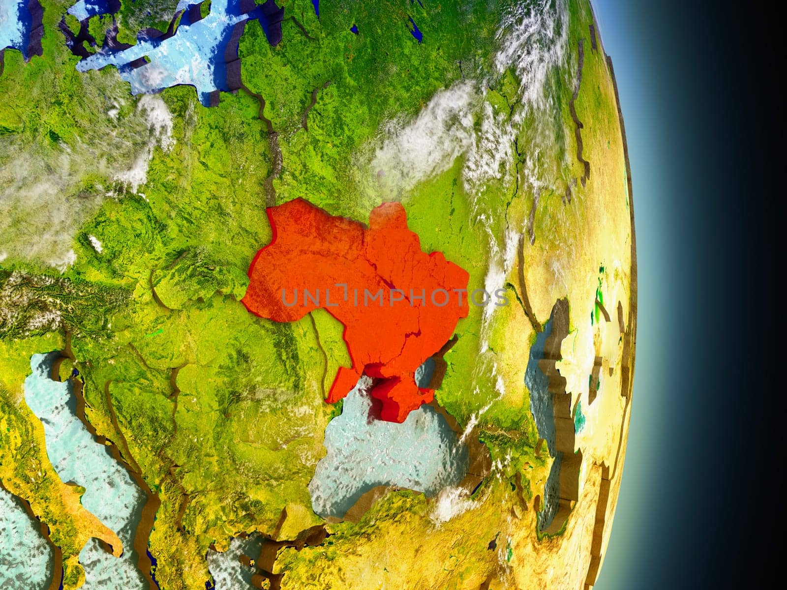 Model of Ukraine from Earth's orbit in space. 3D illustration with highly detailed realistic planet surface and clouds in the atmosphere. Elements of this image furnished by NASA.