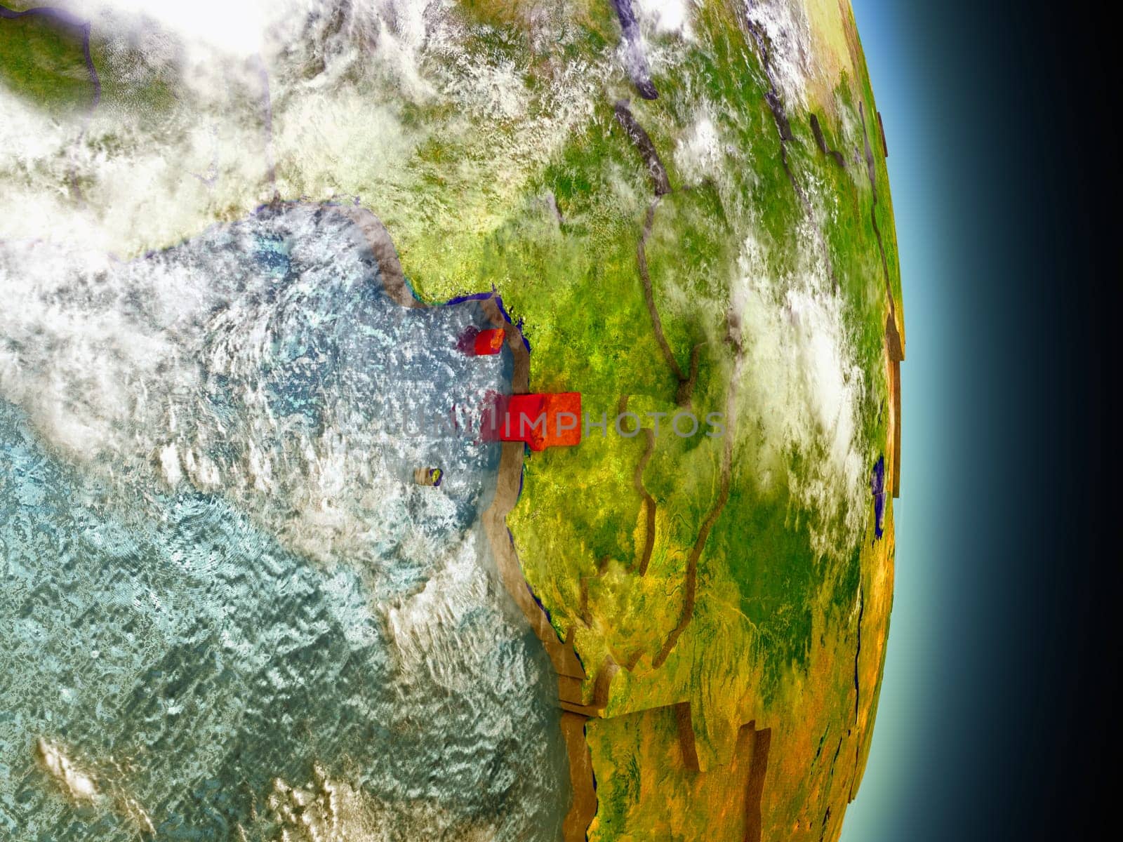 Model of Equatorial Guinea from Earth's orbit in space. 3D illustration with highly detailed realistic planet surface and clouds in the atmosphere. Elements of this image furnished by NASA.