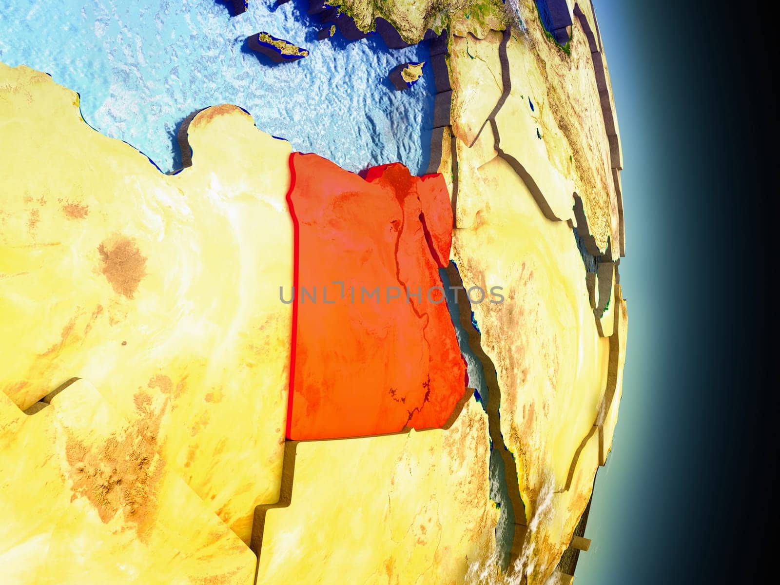 Model of Egypt from Earth's orbit in space. 3D illustration with highly detailed realistic planet surface and clouds in the atmosphere. Elements of this image furnished by NASA.