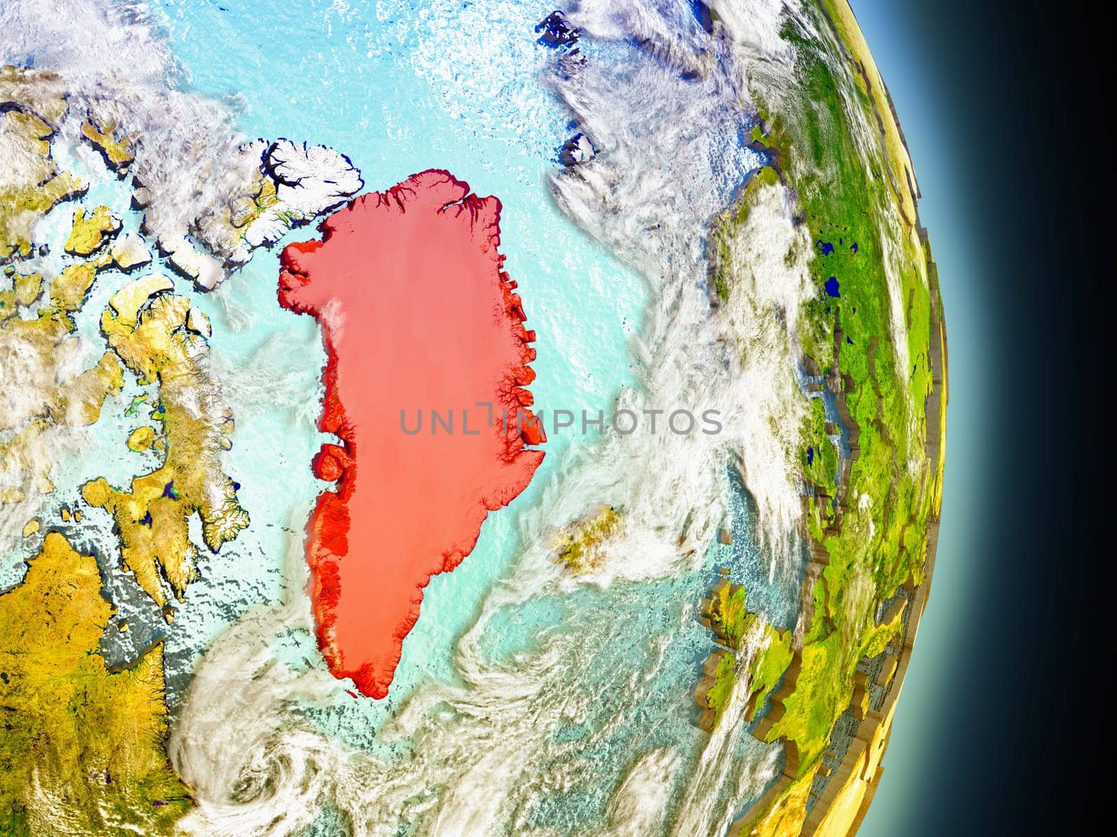 Model of Greenland from Earth's orbit in space. 3D illustration with highly detailed realistic planet surface and clouds in the atmosphere. Elements of this image furnished by NASA.
