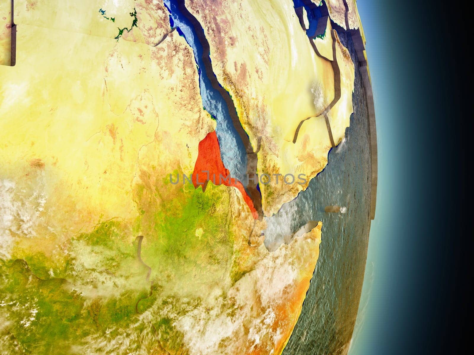 Model of Eritrea from Earth's orbit in space. 3D illustration with highly detailed realistic planet surface and clouds in the atmosphere. Elements of this image furnished by NASA.