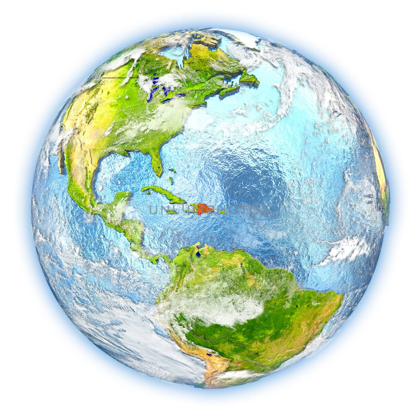 Dominican Republic highlighted in red on planet Earth. 3D illustration isolated on white background. Elements of this image furnished by NASA.