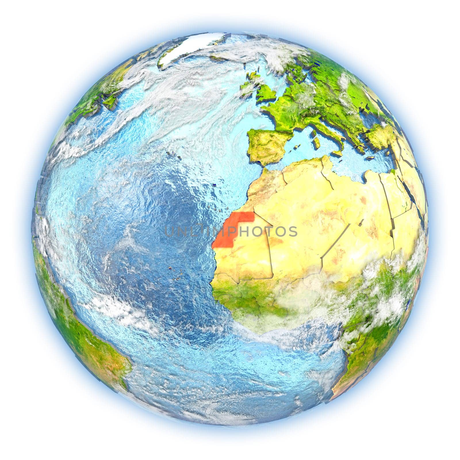 Western Sahara highlighted in red on planet Earth. 3D illustration isolated on white background. Elements of this image furnished by NASA.