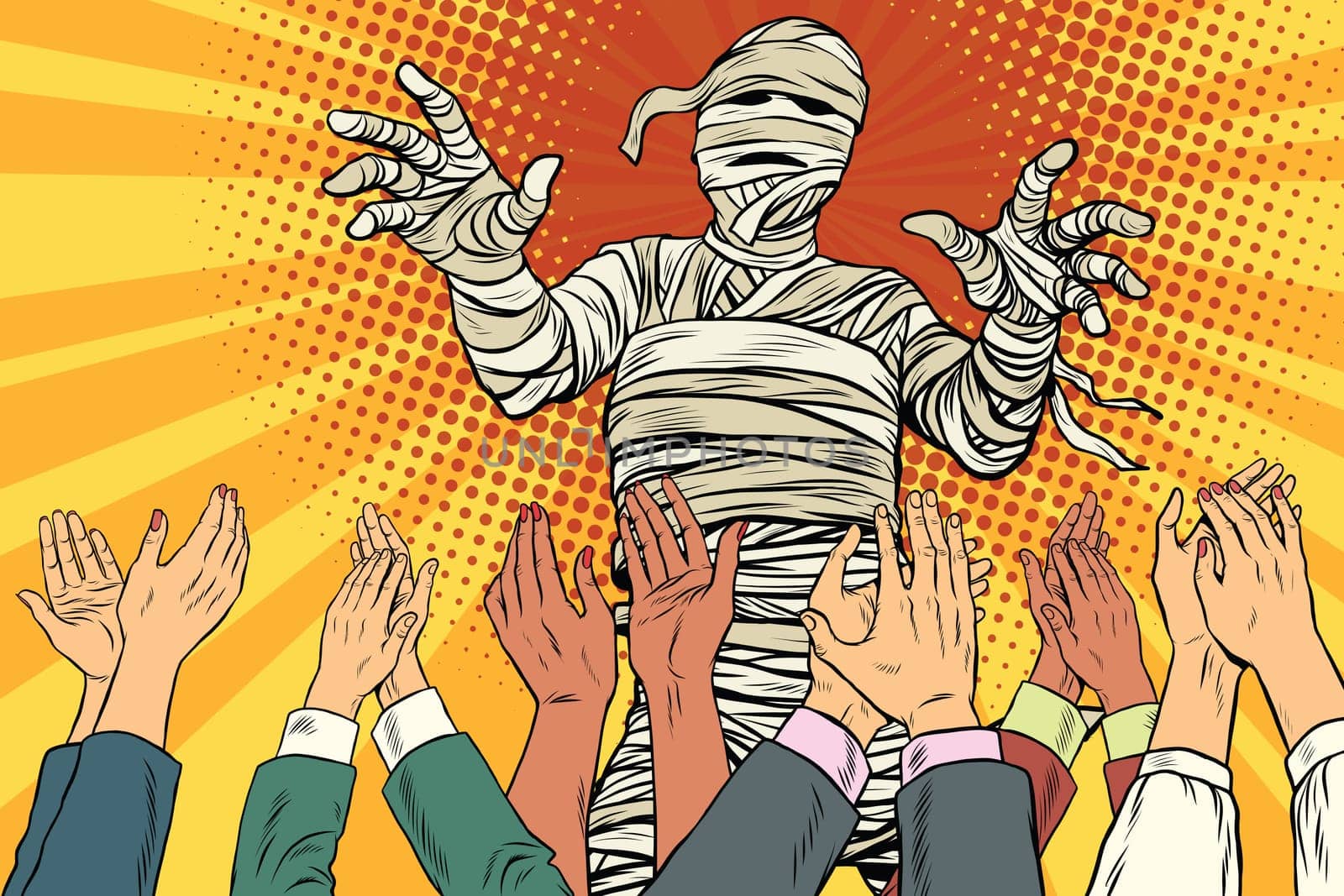 Vintage Egyptian mummy horror movie and Halloween, pop art retro vector illustration. The audience applause